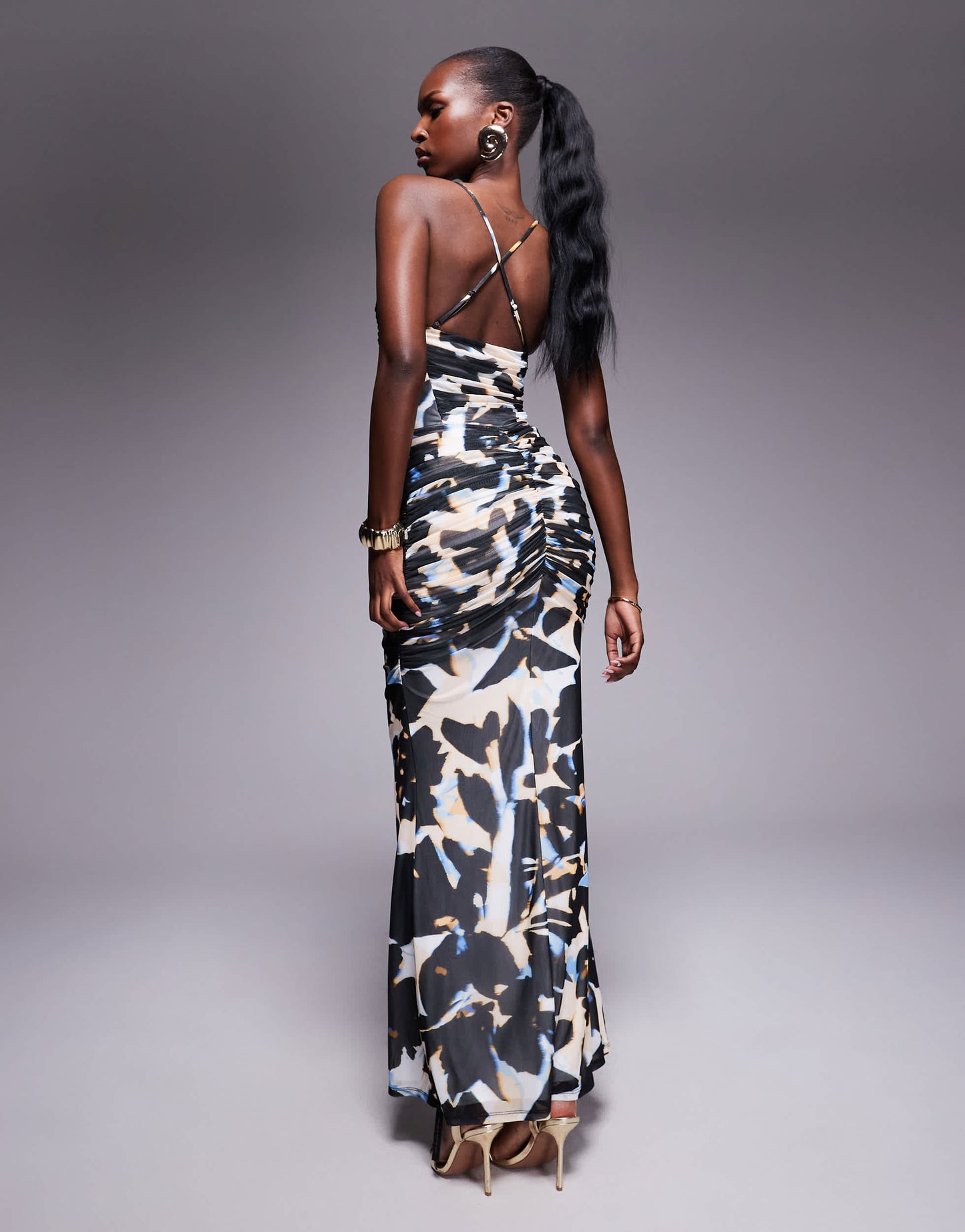 AFRM halter neck ruffle power mesh maxi dress in shadow flower
