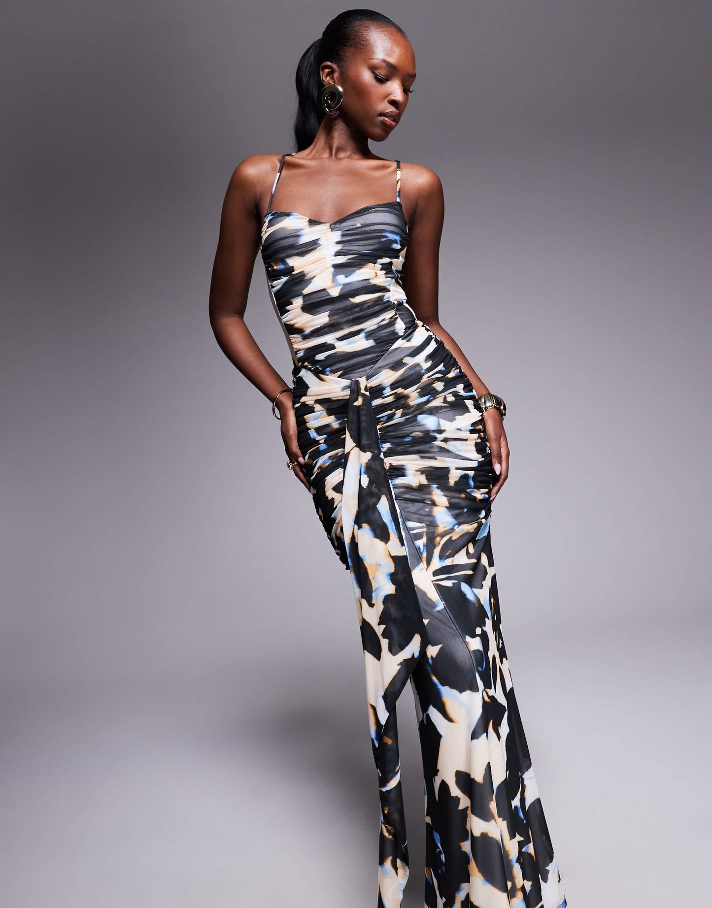 AFRM halter neck ruffle power mesh maxi dress in shadow flower