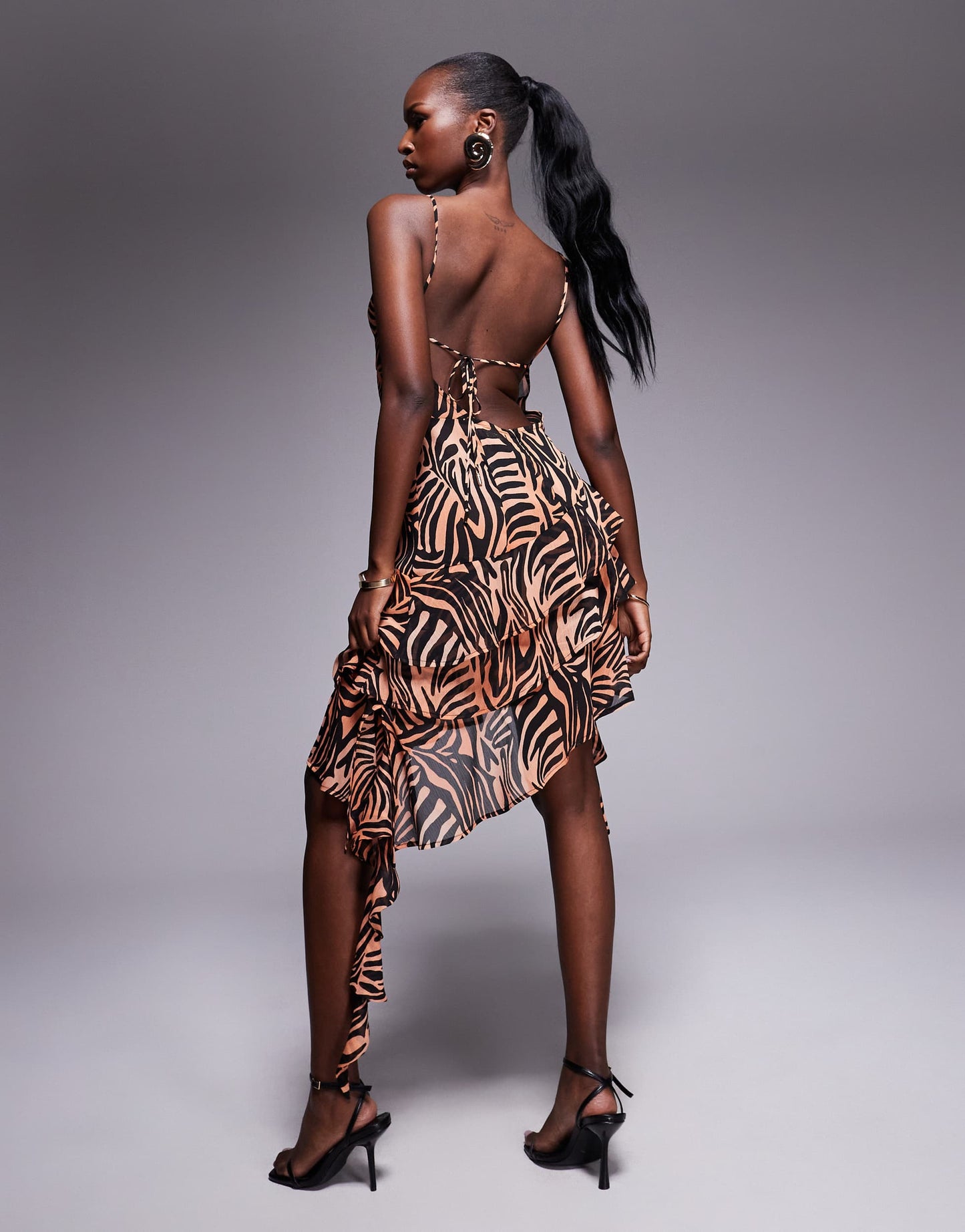 AFRM asymmetric ruffle backless mini dress in ombre zebra
