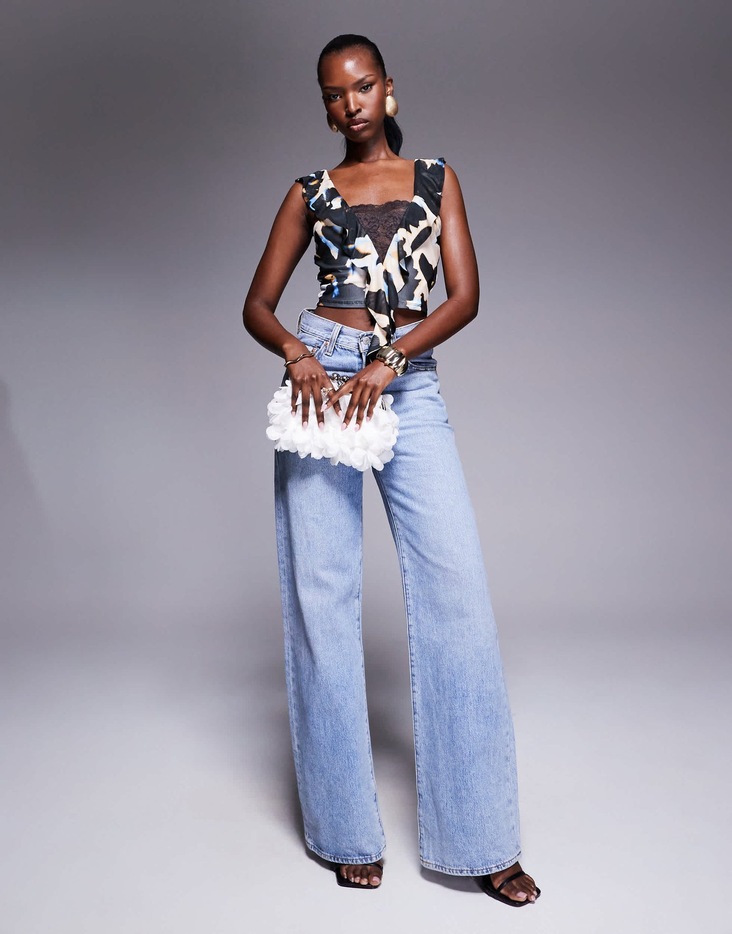 AFRM ruffle drape lace trim top in shadow flower