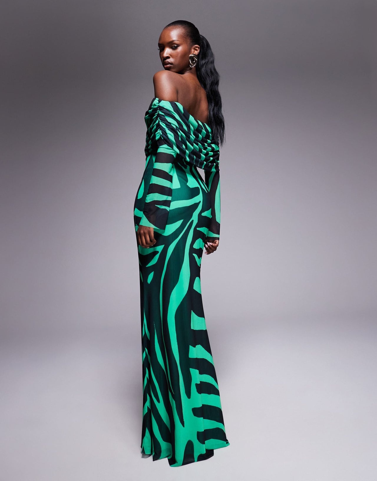 AFRM bardot power mesh maxi dress in green zebra