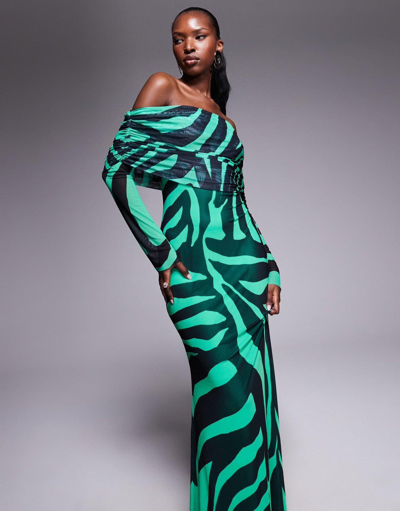 AFRM bardot power mesh maxi dress in green zebra