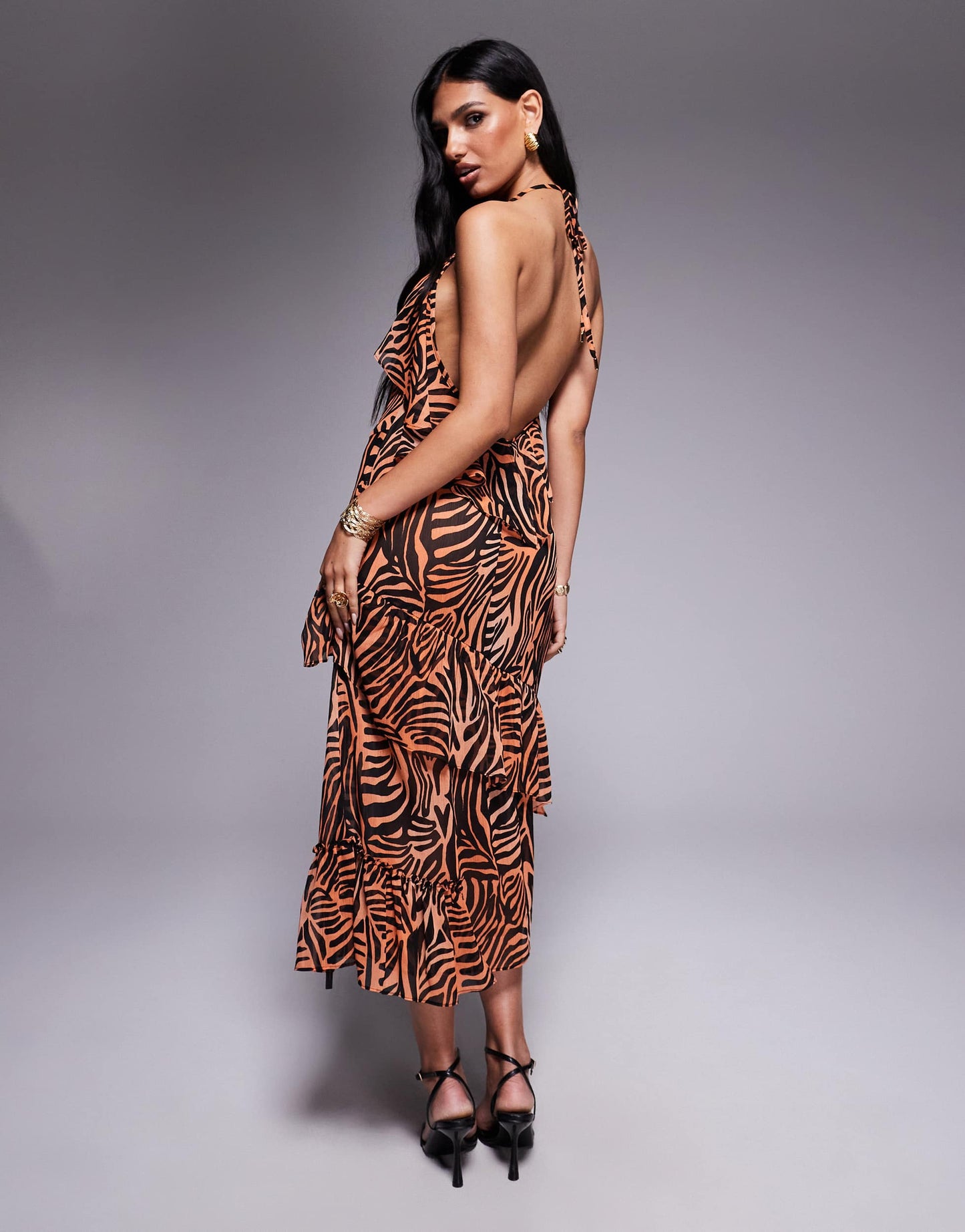 AFRM tie back ruffle maxi dress in ombre zebra