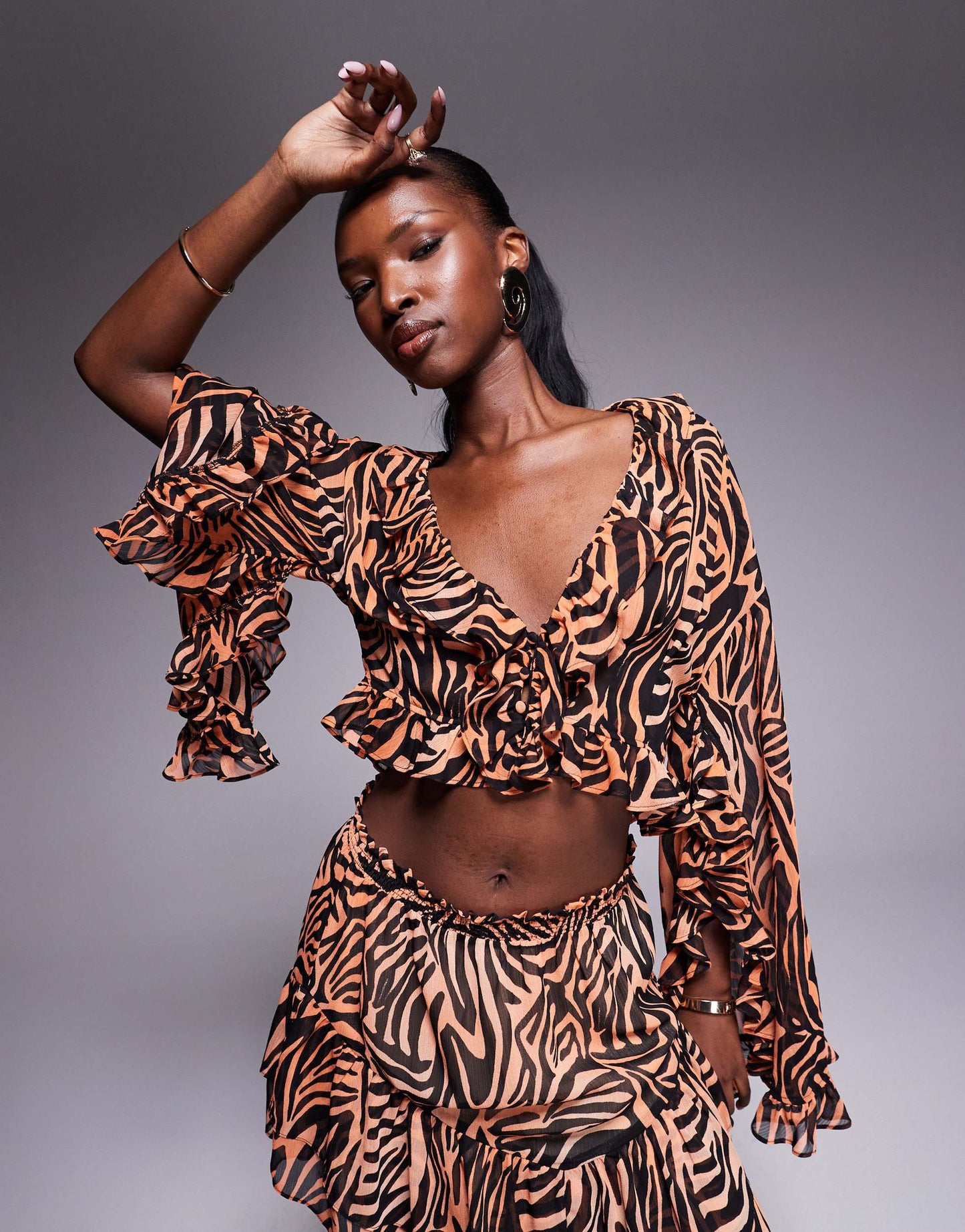 AFRM ruffle sleeve crop top co-ord in ombre zebra