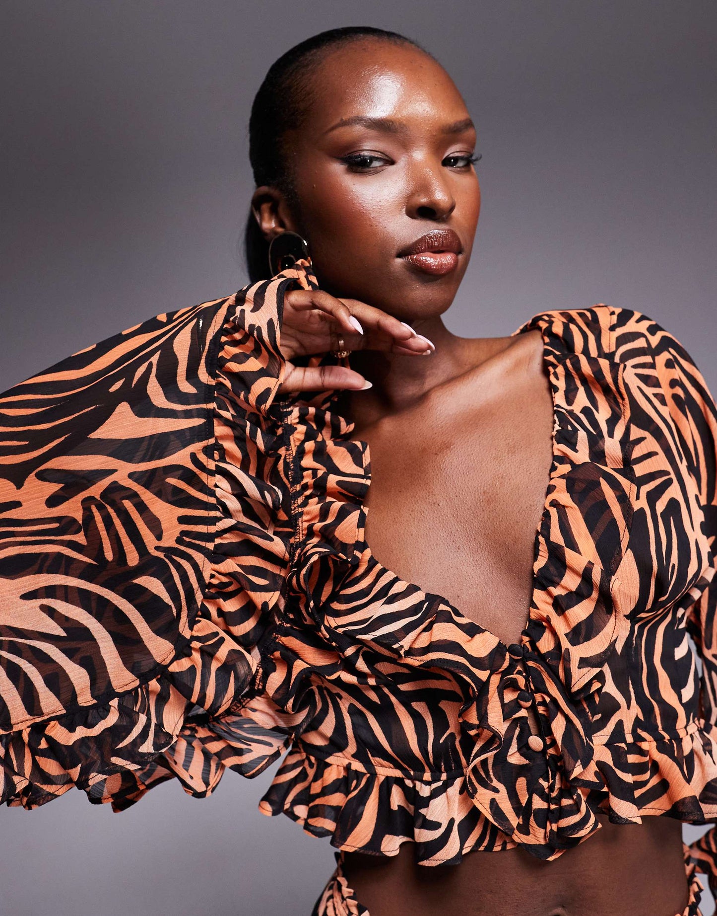 AFRM ruffle sleeve crop top co-ord in ombre zebra