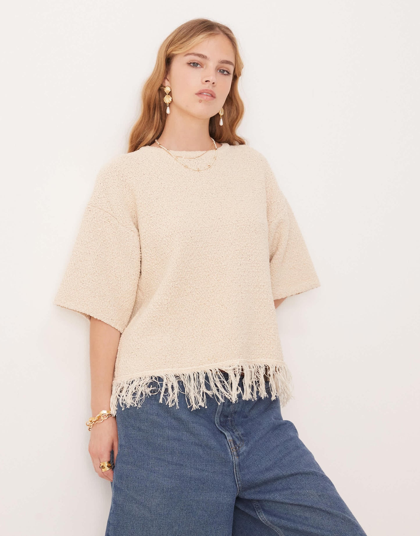 ASOS DESIGN premium textured t-shirt with fringe hem in cream - CREAM