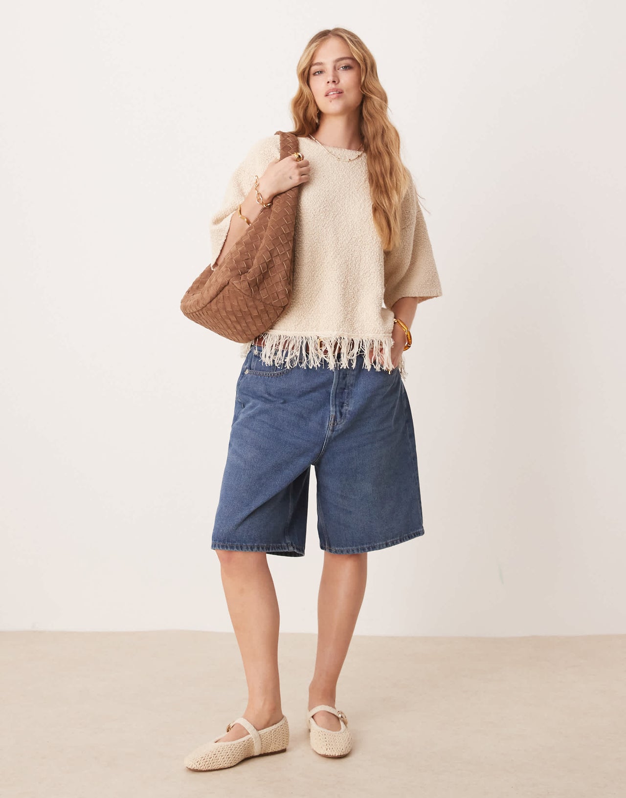 ASOS DESIGN premium textured t-shirt with fringe hem in cream - CREAM