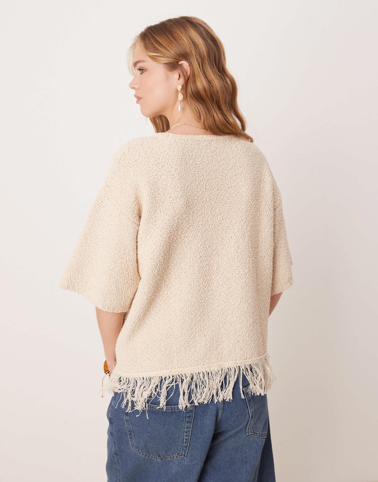 ASOS DESIGN premium textured t-shirt with fringe hem in cream - CREAM