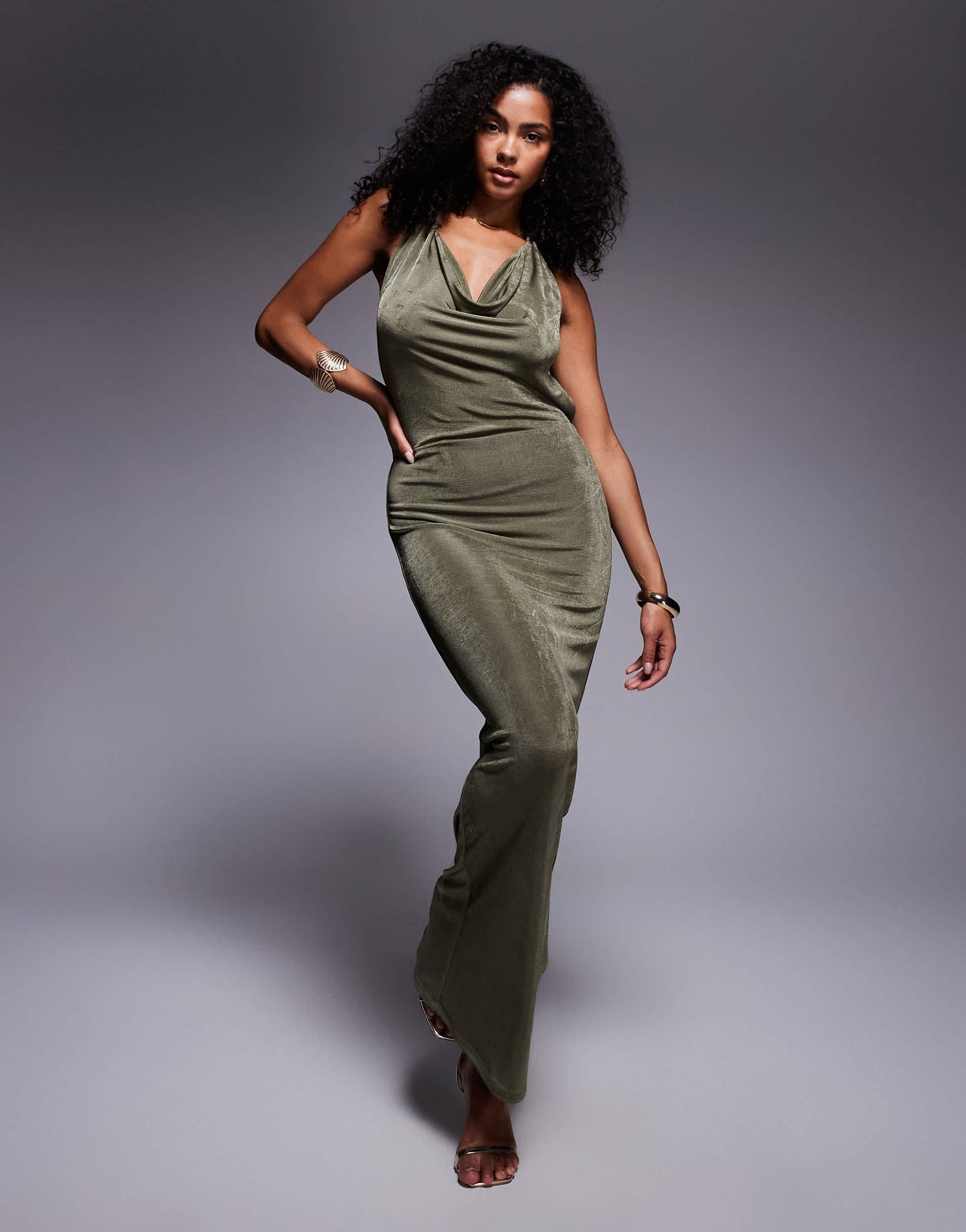 Aria Cove slinky deep cowl neck open tie back maxi dress in khaki