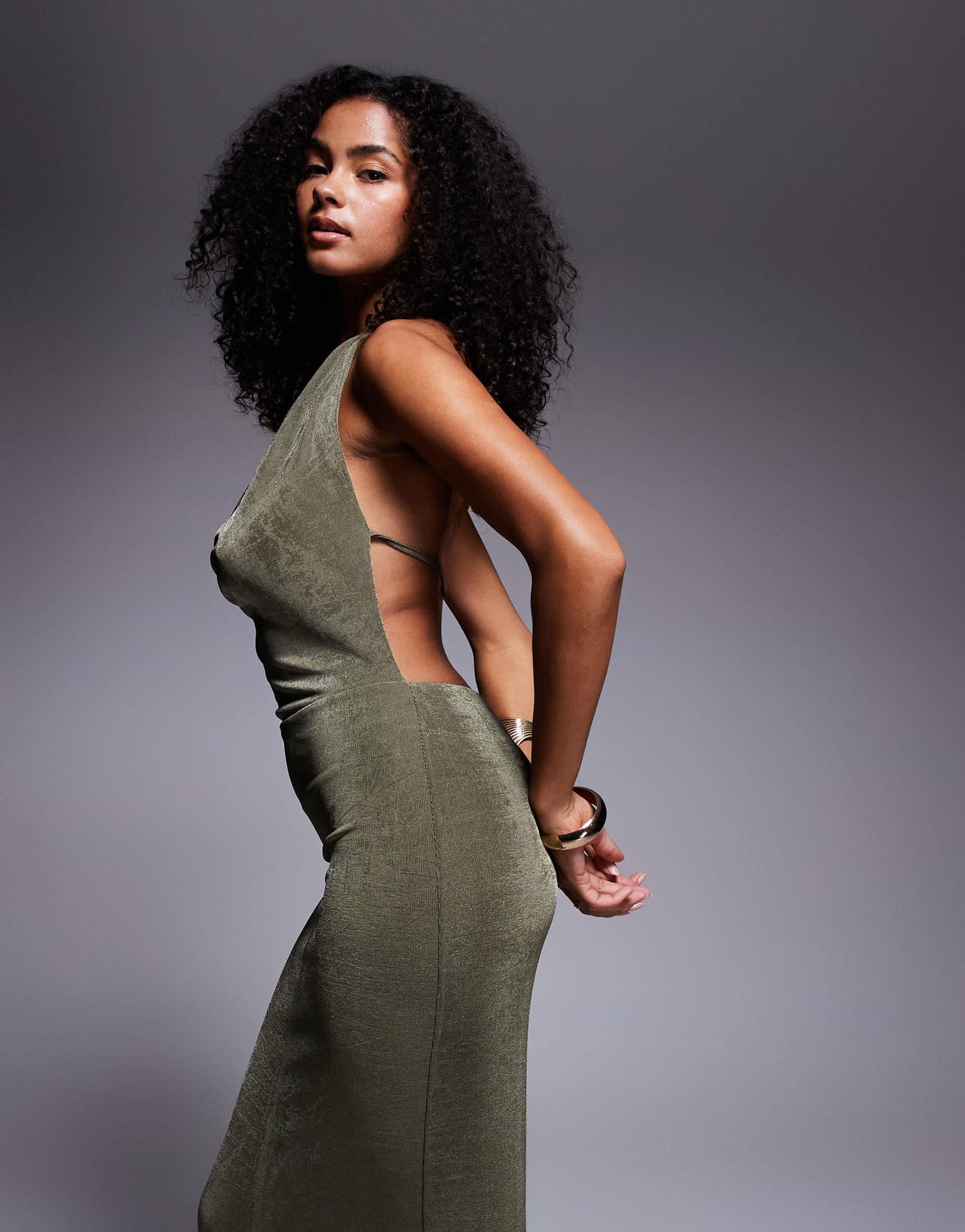 Aria Cove slinky deep cowl neck open tie back maxi dress in khaki