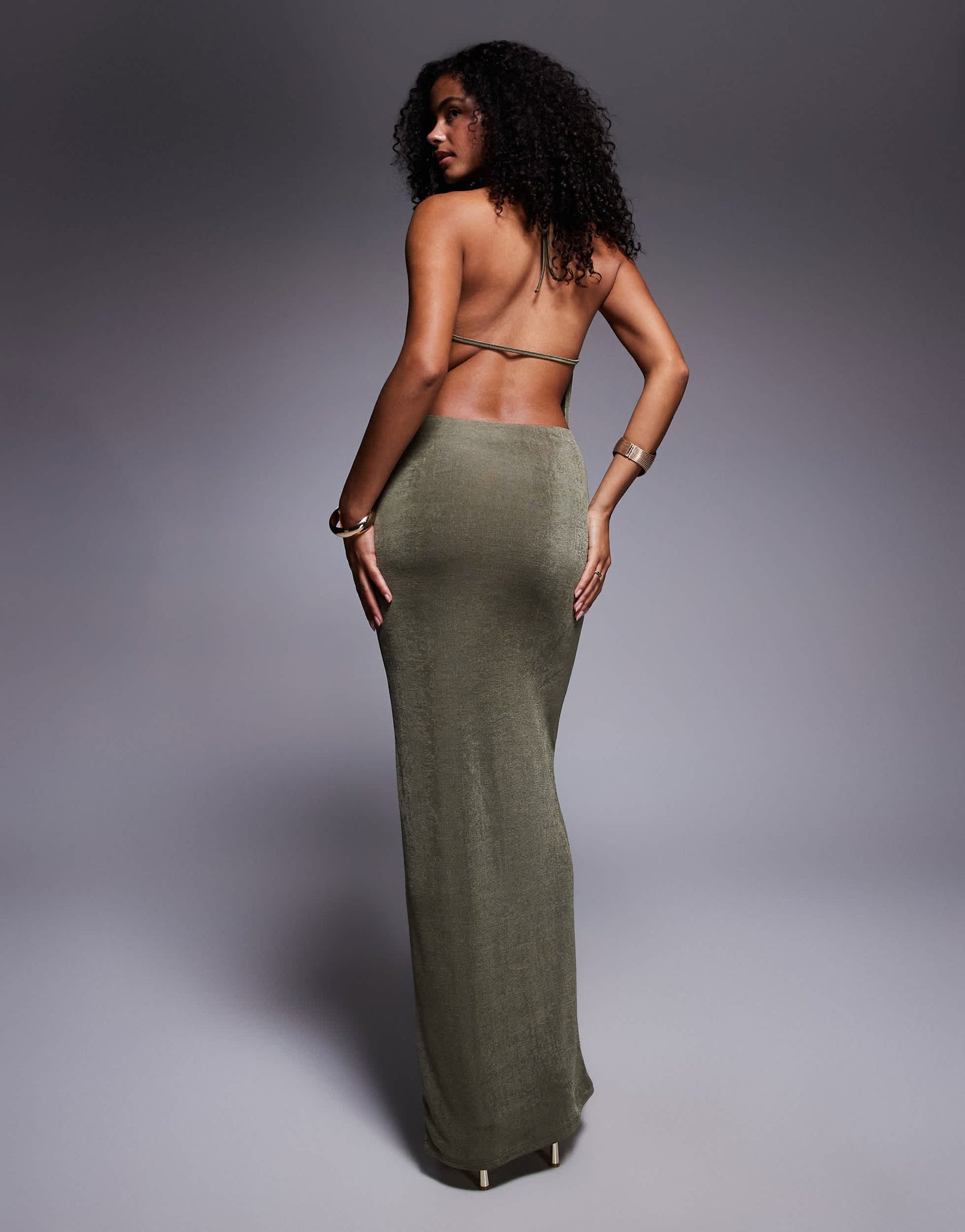 Aria Cove slinky deep cowl neck open tie back maxi dress in khaki