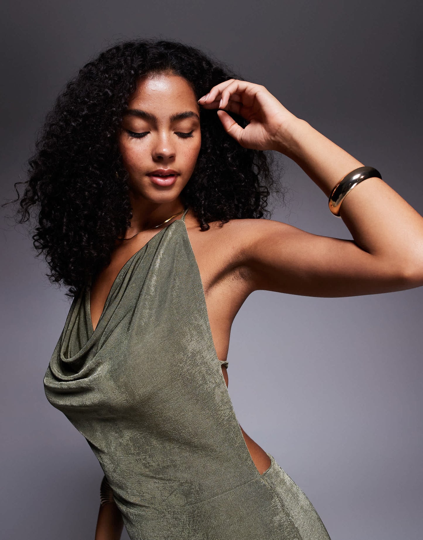 Aria Cove slinky deep cowl neck open tie back maxi dress in khaki
