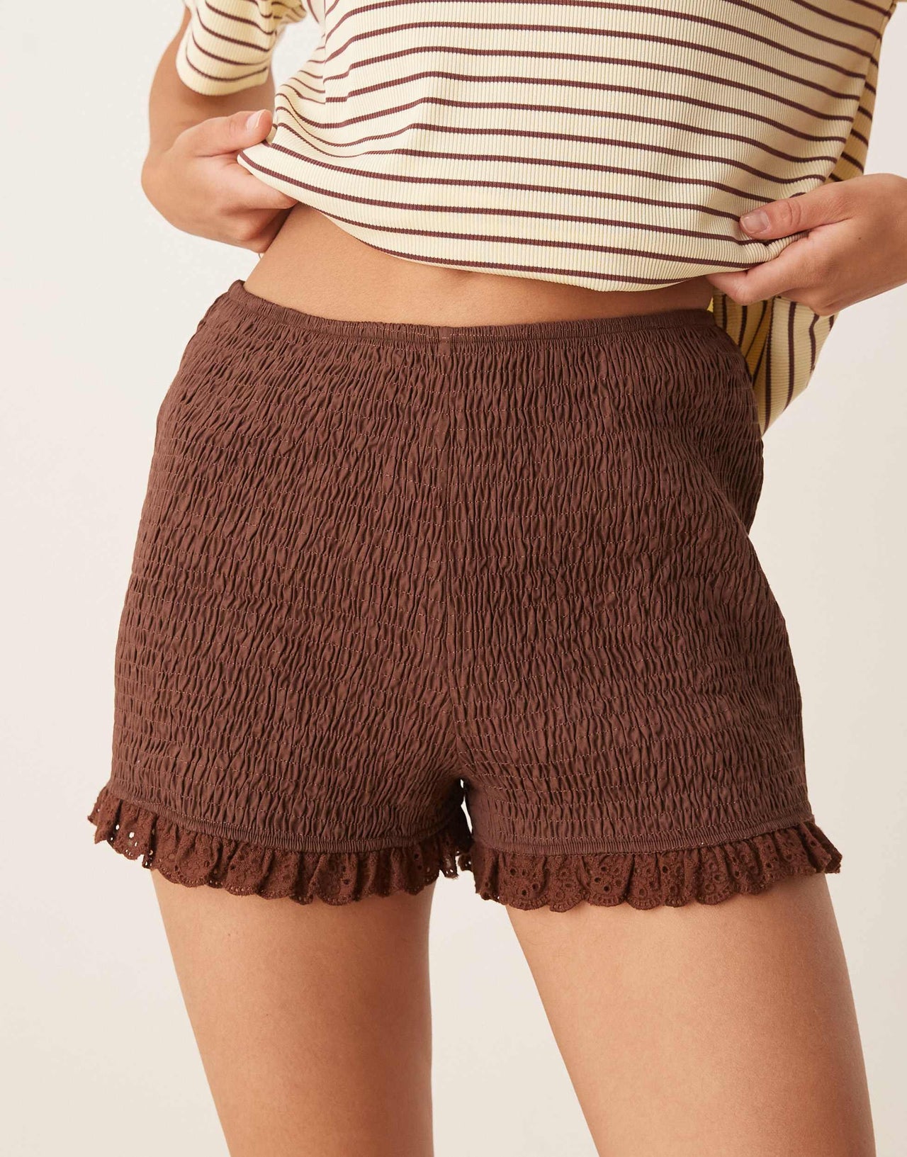 ASOS DESIGN shirred lace trim micro short in chocolate