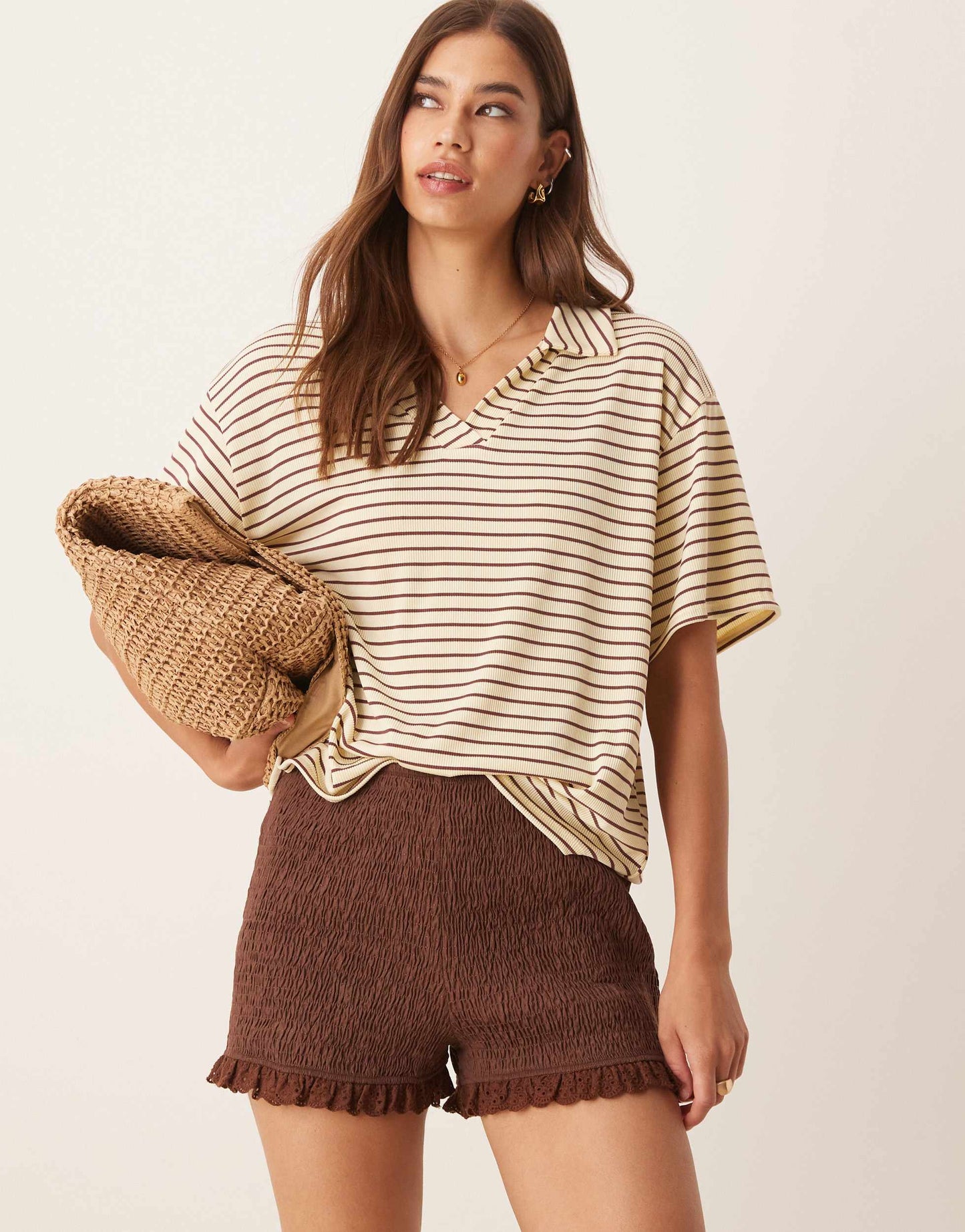 ASOS DESIGN shirred lace trim micro short in chocolate