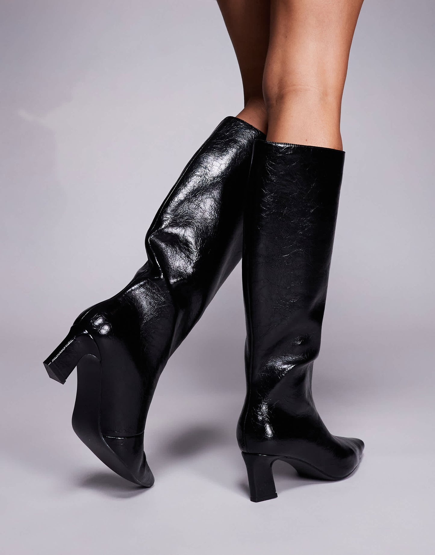 Public Desire Wide Fit Boomer heeled knee boots in black crinkle