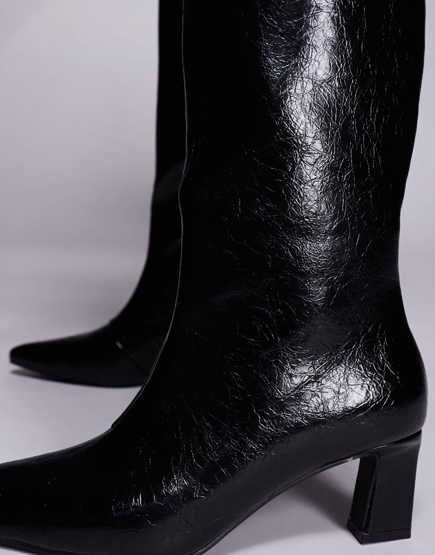 Public Desire Wide Fit Boomer heeled knee boots in black crinkle