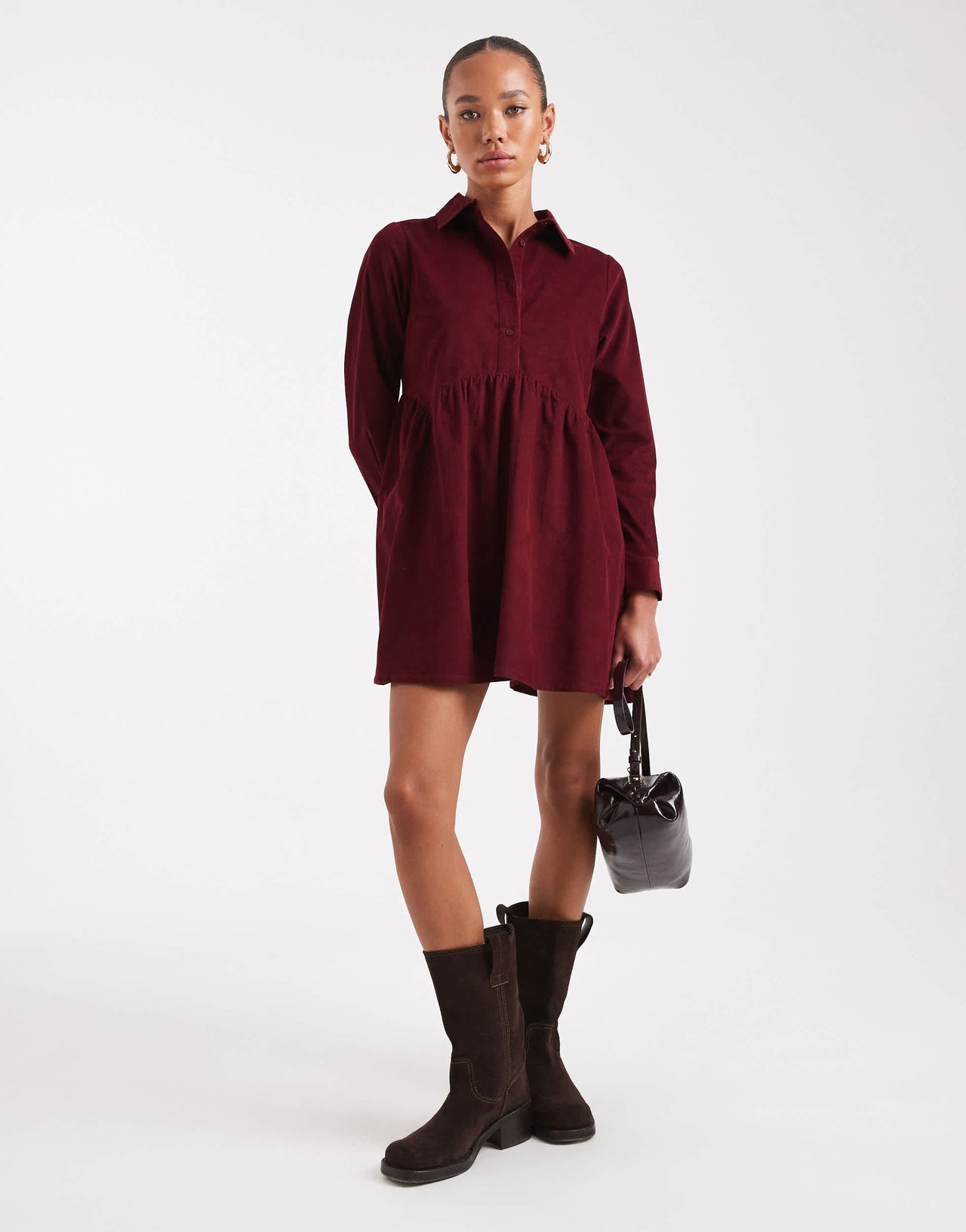 Wednesday's Girl button through mini cord smock dress in dark red