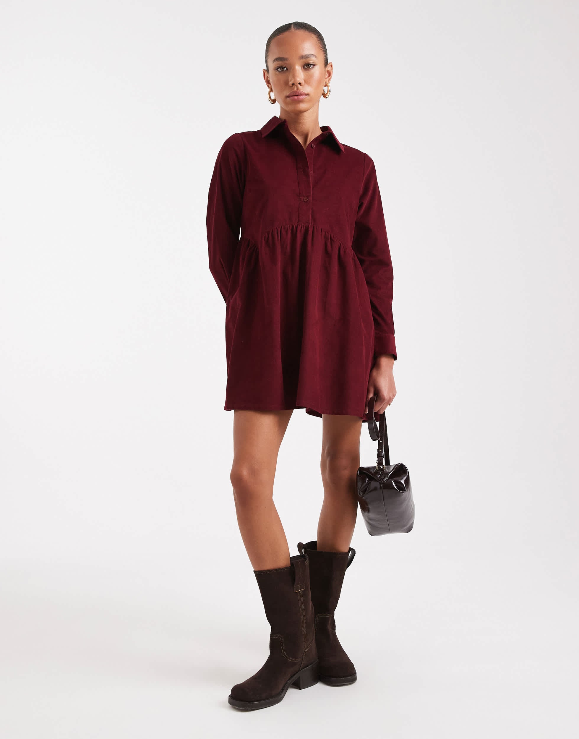 Wednesday's Girl button through mini cord smock dress in dark red
