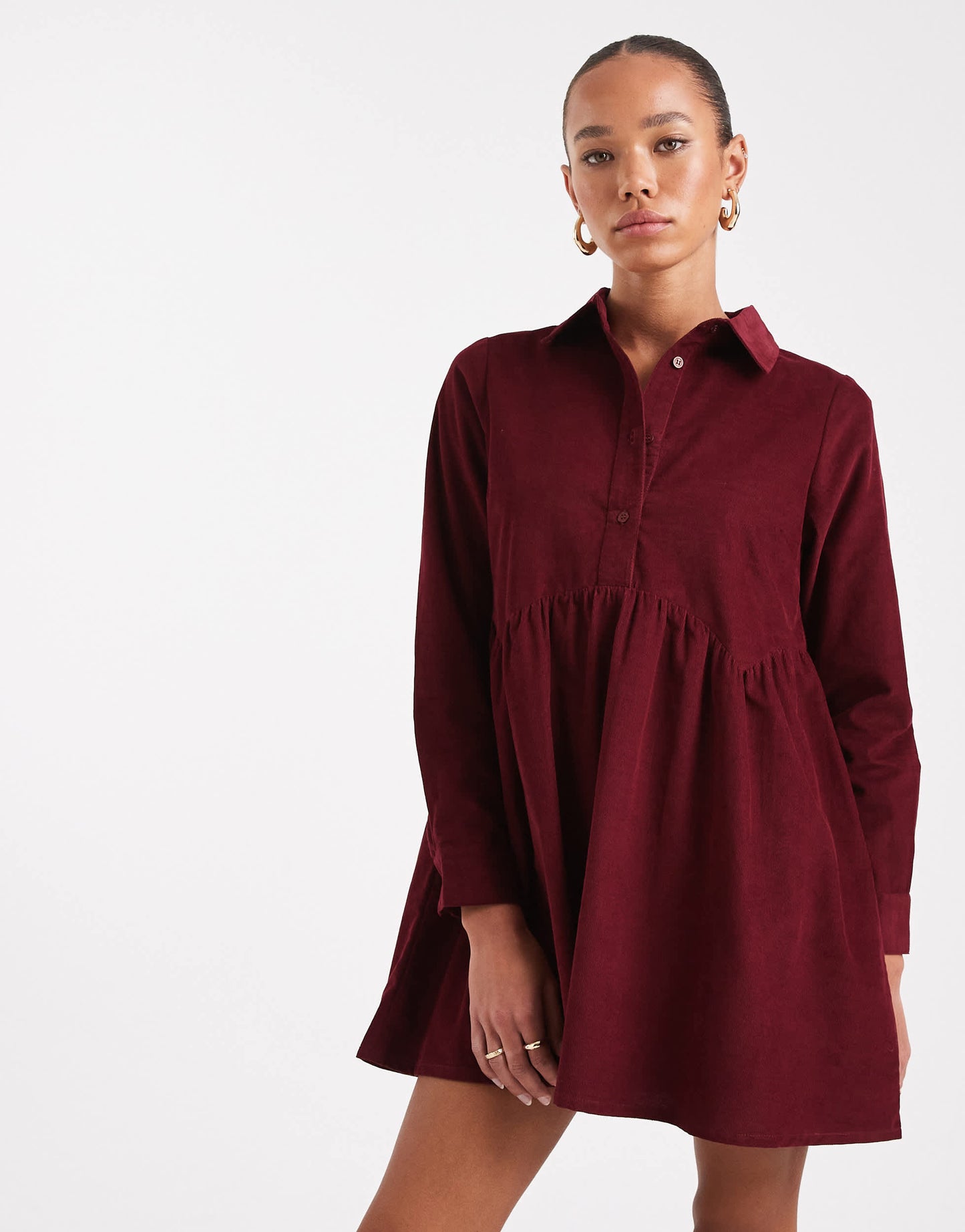 Wednesday's Girl button through mini cord smock dress in dark red