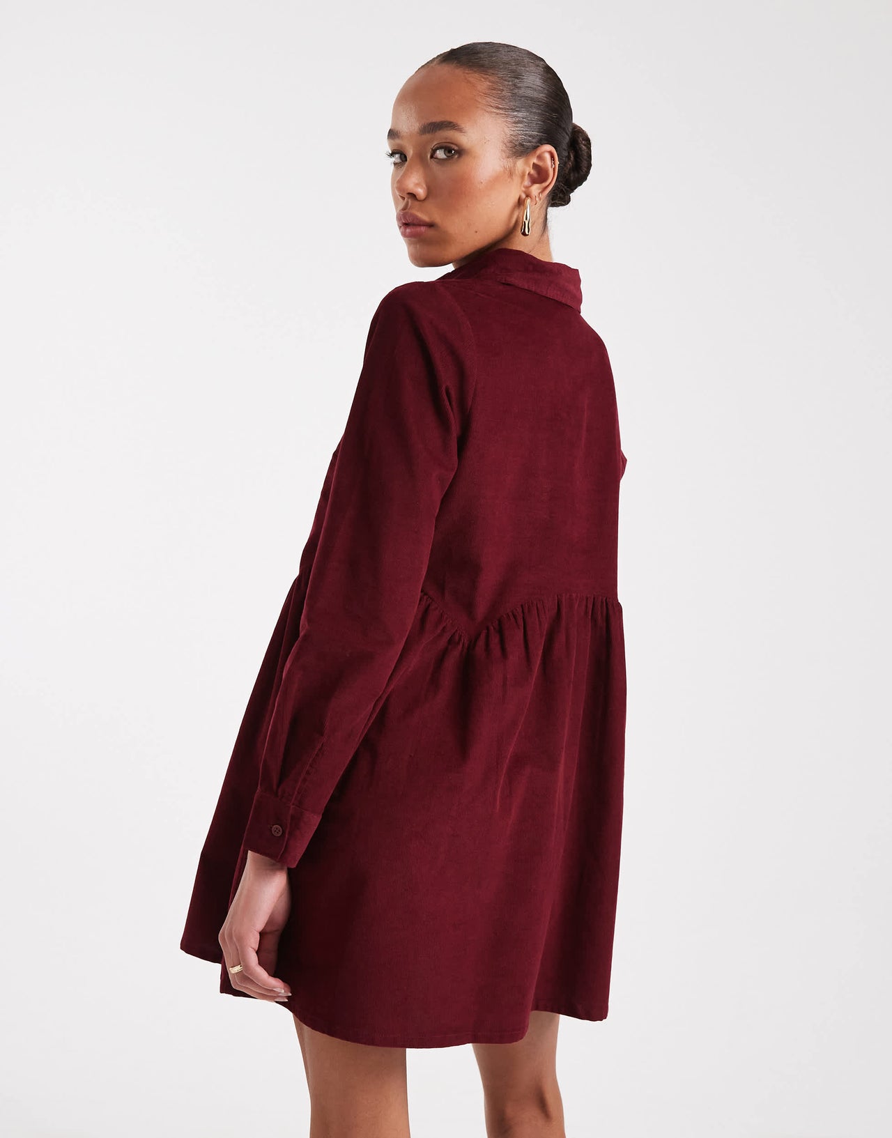 Wednesday's Girl button through mini cord smock dress in dark red