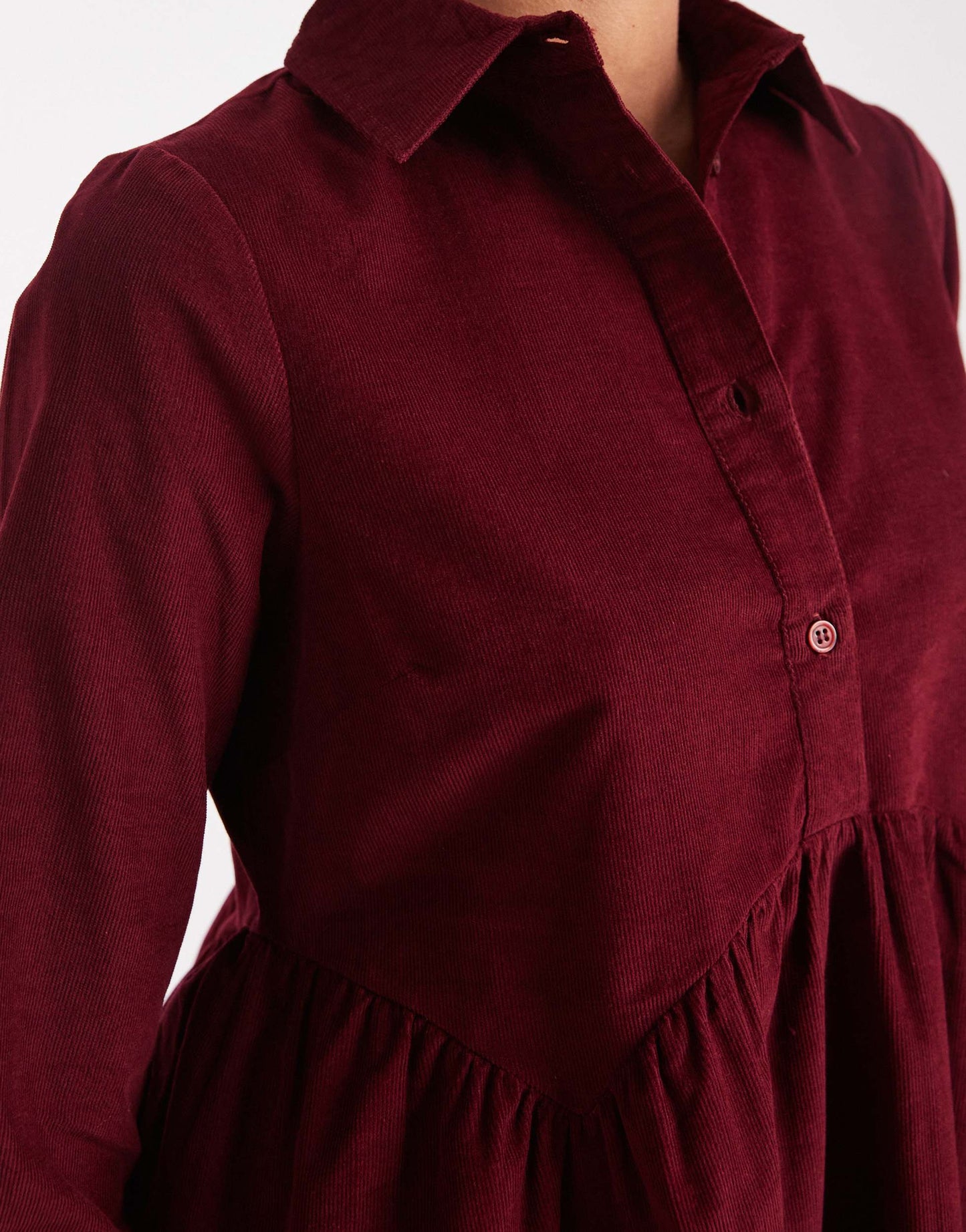 Wednesday's Girl button through mini cord smock dress in dark red