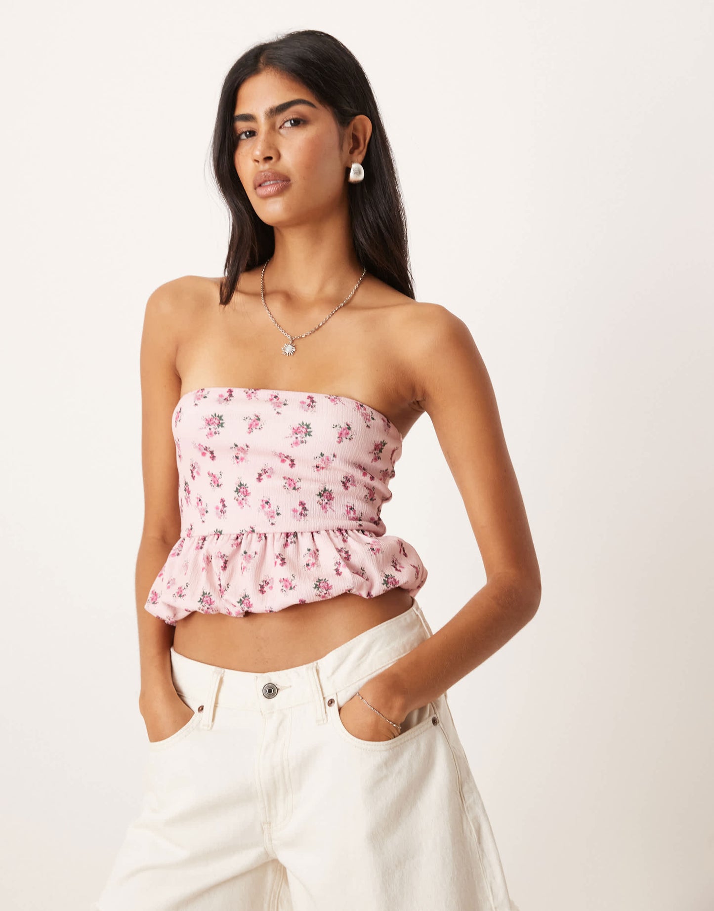 ASOS DESIGN textured bandeau crop top with bubble hem in pink ditsy floral print