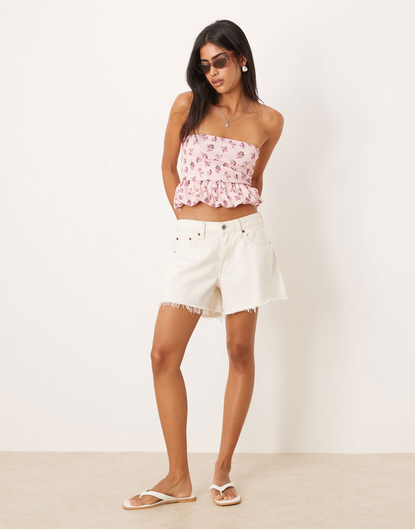 ASOS DESIGN textured bandeau crop top with bubble hem in pink ditsy floral print