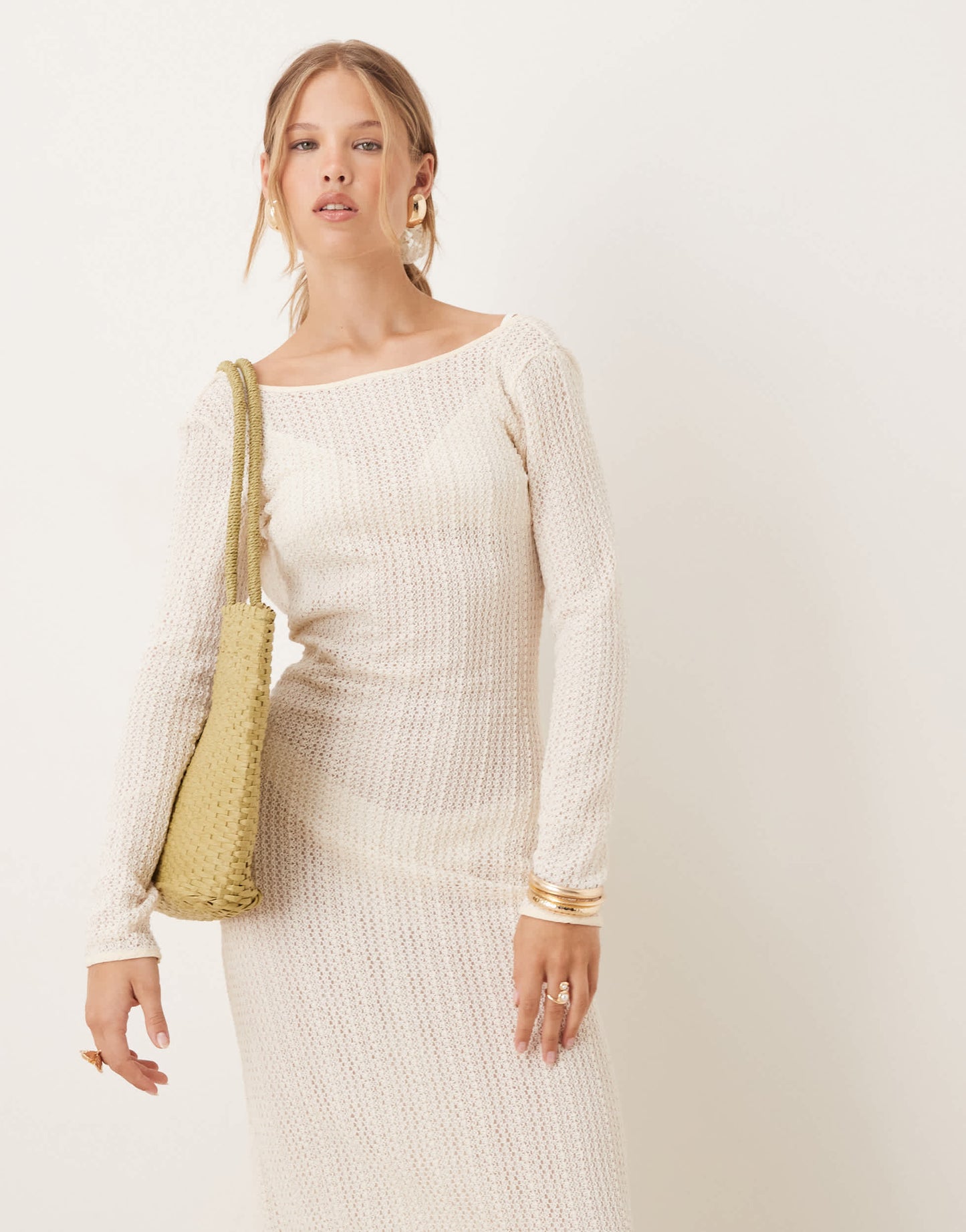 Amy Lynn backless crochet midi dress with fringe trim in cream