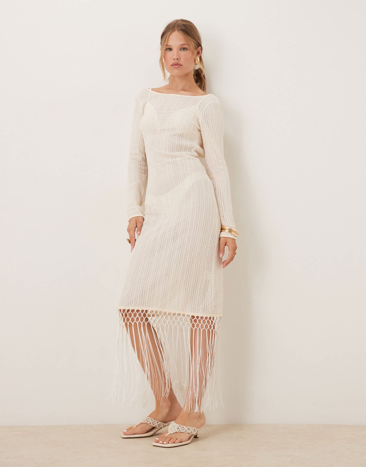 Amy Lynn backless crochet midi dress with fringe trim in cream