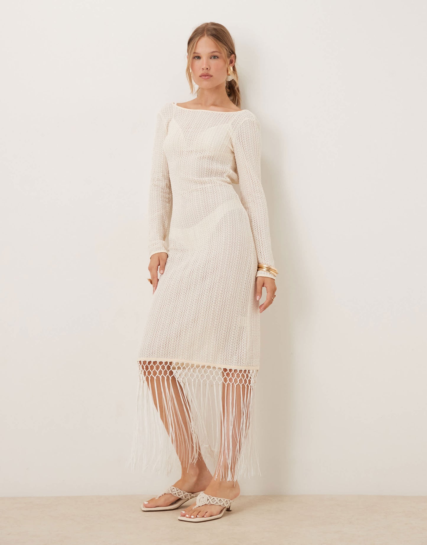 Amy Lynn backless crochet midi dress with fringe trim in cream