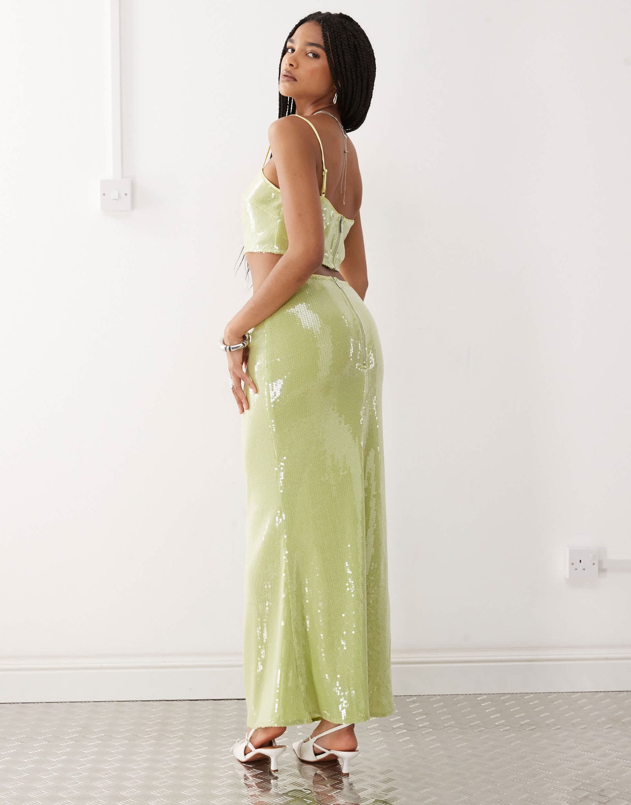 Amy Lynn ruched waist maxi skirt co-ord in lime green sequin