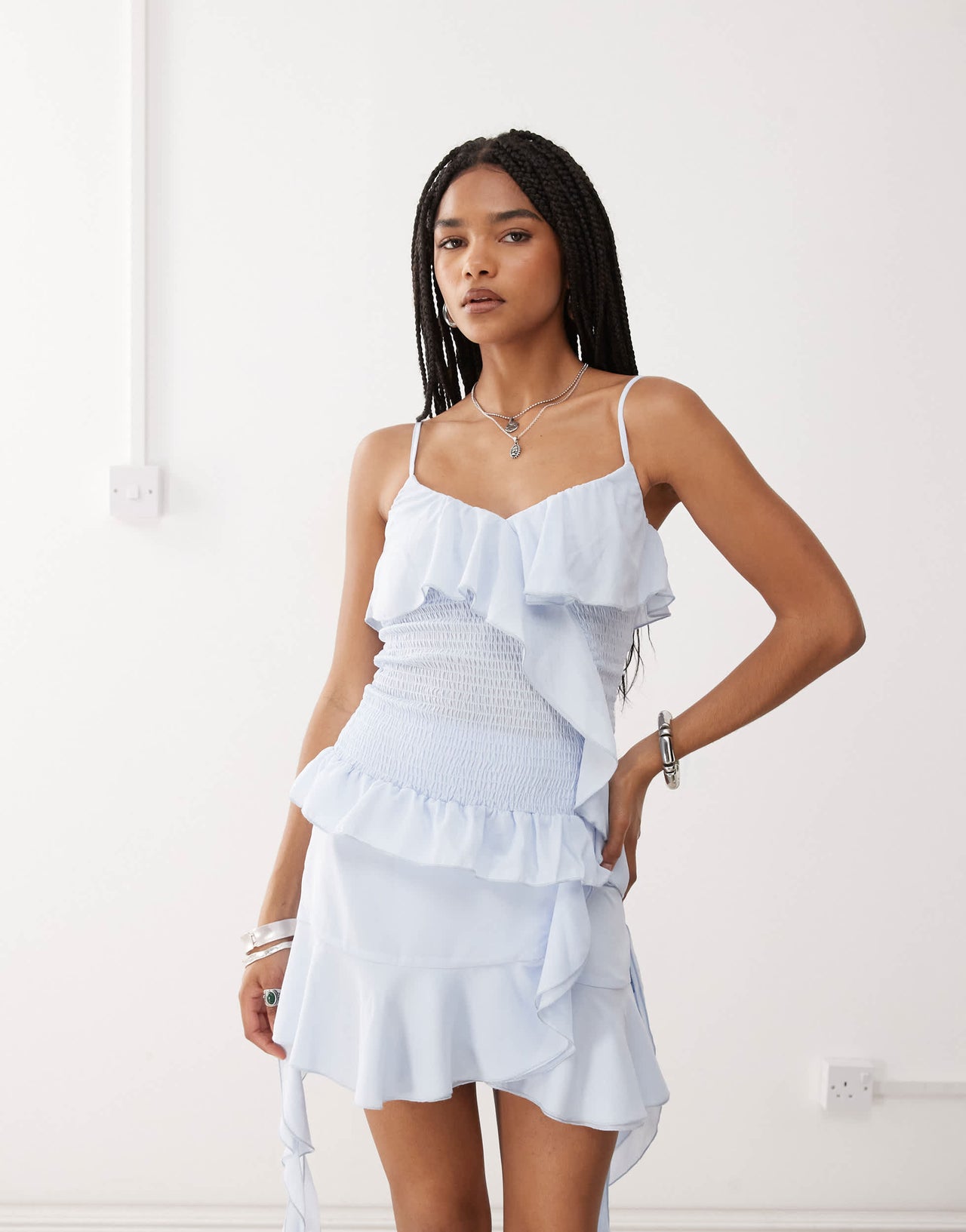 Amy Lynn asymmetric shirred ruffle cami co-ord in baby blue