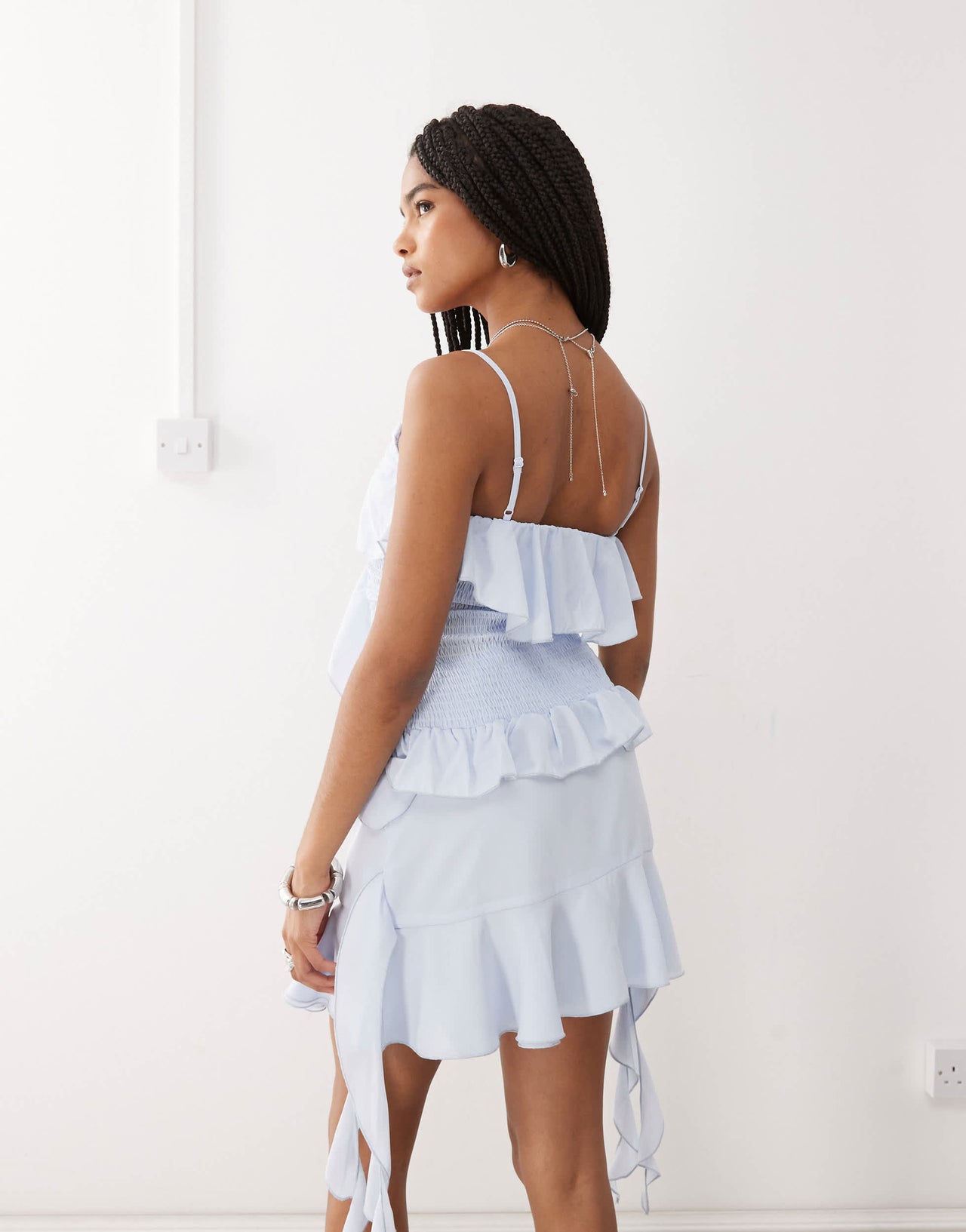 Amy Lynn asymmetric shirred ruffle cami co-ord in baby blue