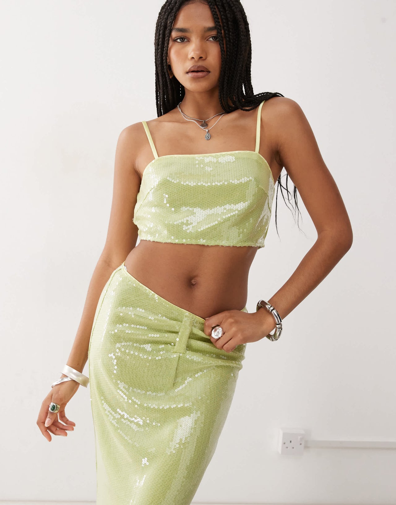 Amy Lynn square neck cami crop top co-ord in lime green sequin