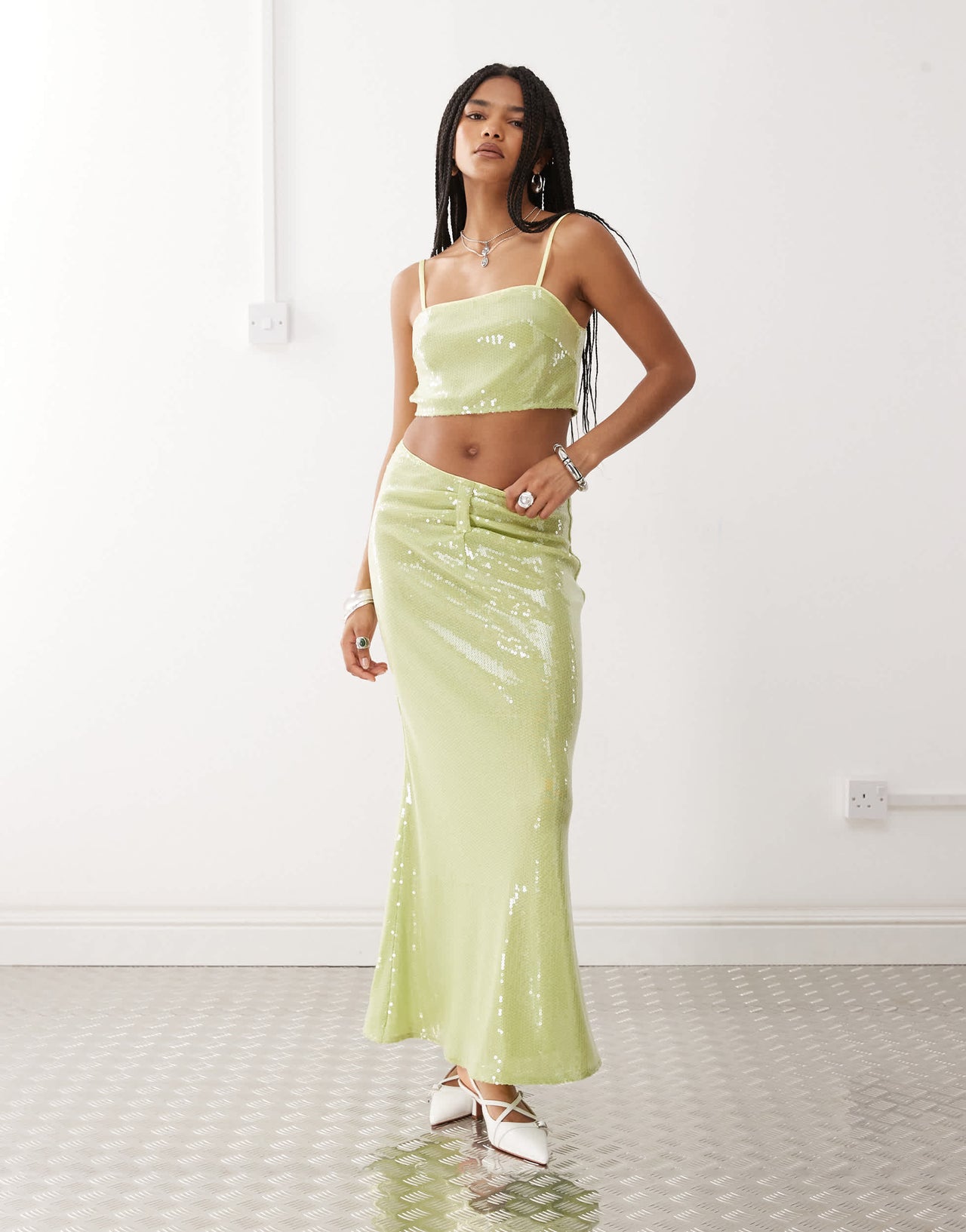 Amy Lynn square neck cami crop top co-ord in lime green sequin