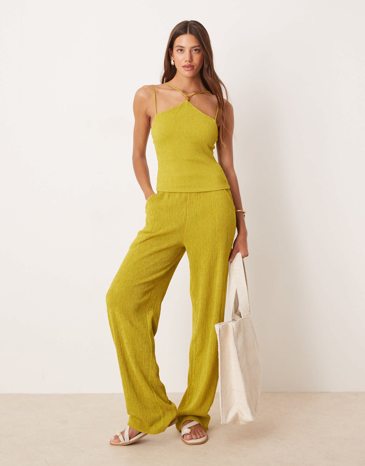 ASOS DESIGN co-ord textured wide leg trouser in green