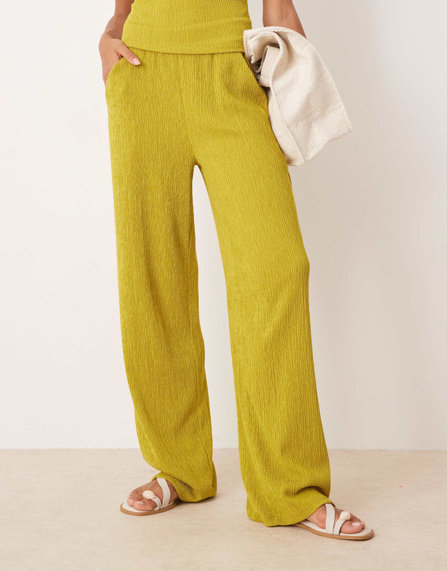 ASOS DESIGN co-ord textured wide leg trouser in green