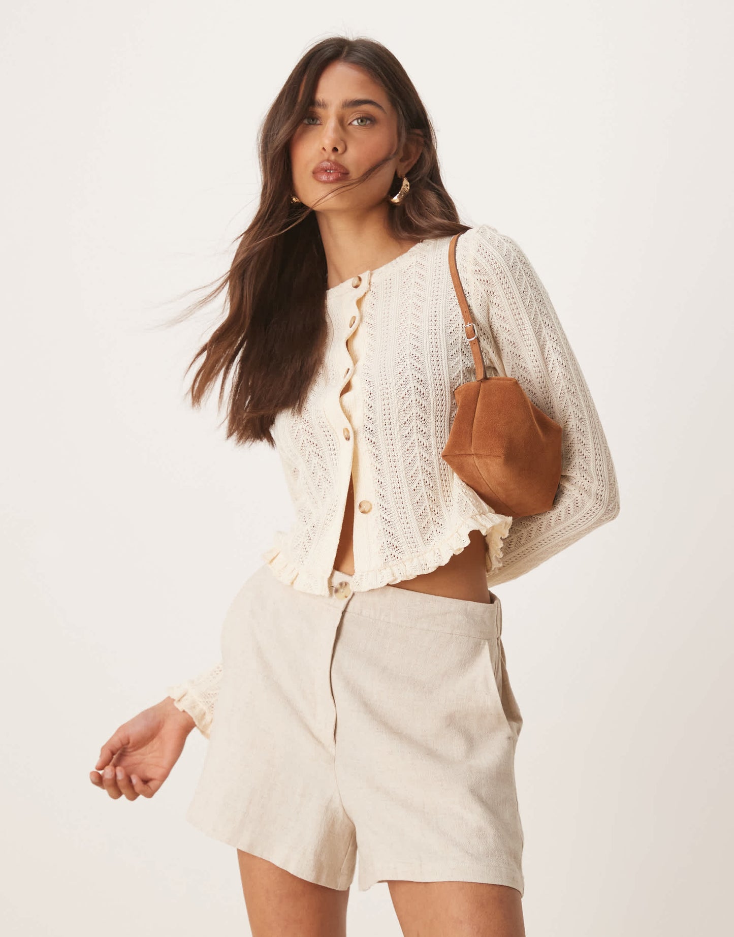 ASOS DESIGN ruffle hem crochet cardigan top in cream