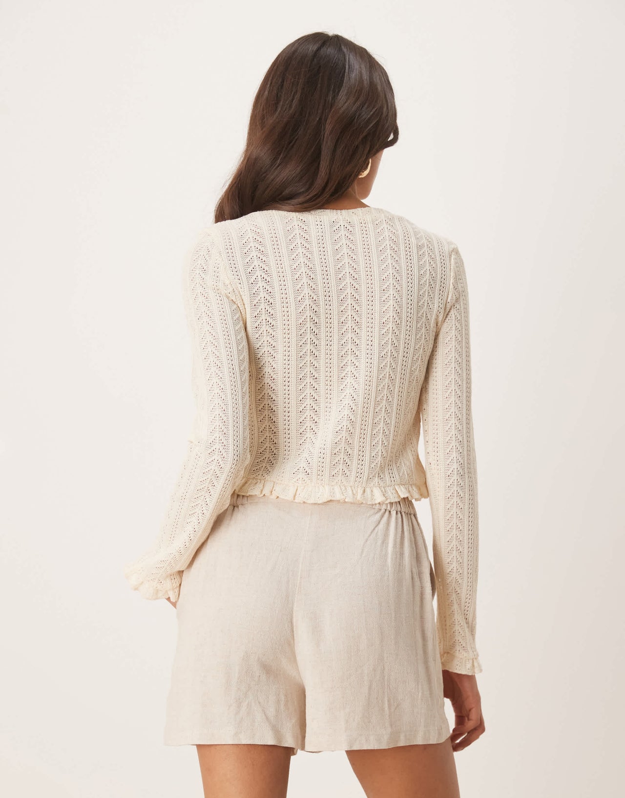 ASOS DESIGN ruffle hem crochet cardigan top in cream
