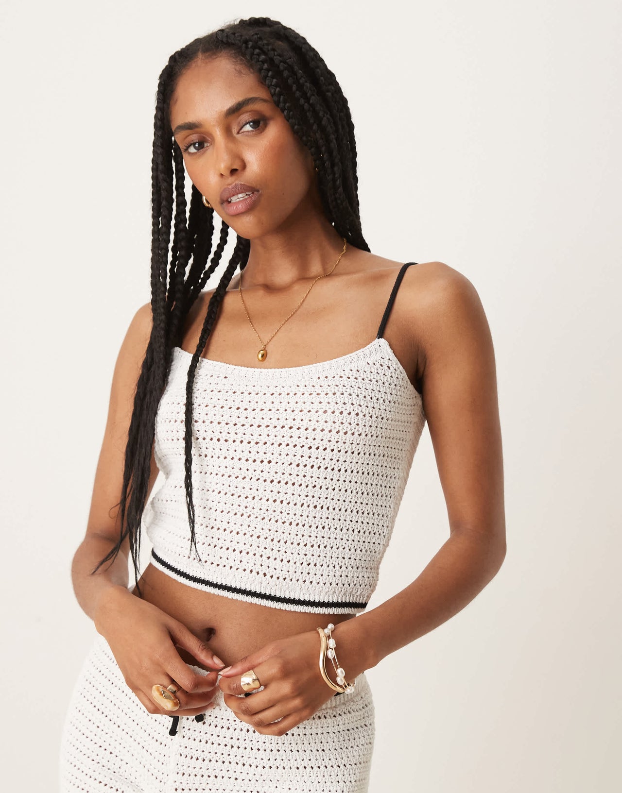 ASOS DESIGN co-ord crochet cami top with contrast straps in ecru