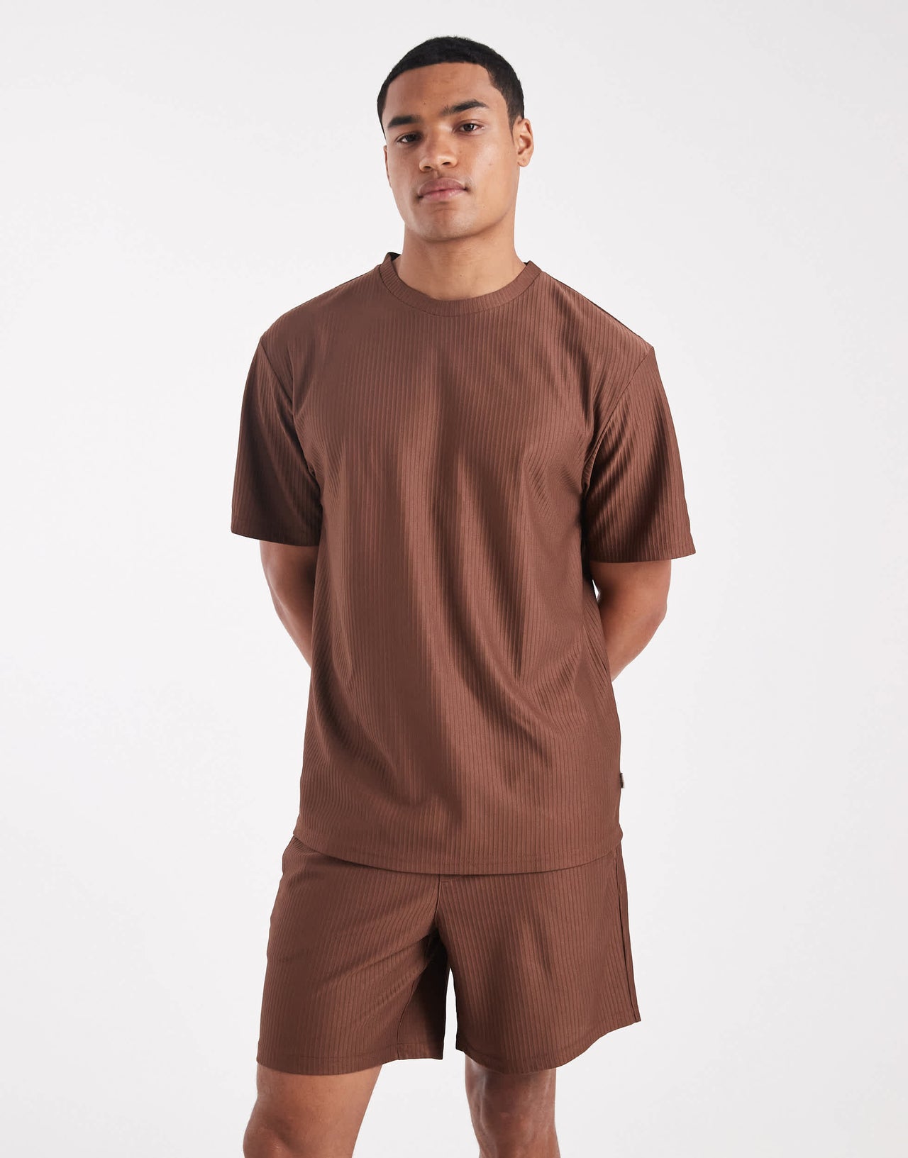 ONLY & SONS plisse pull on short co-ord in brown