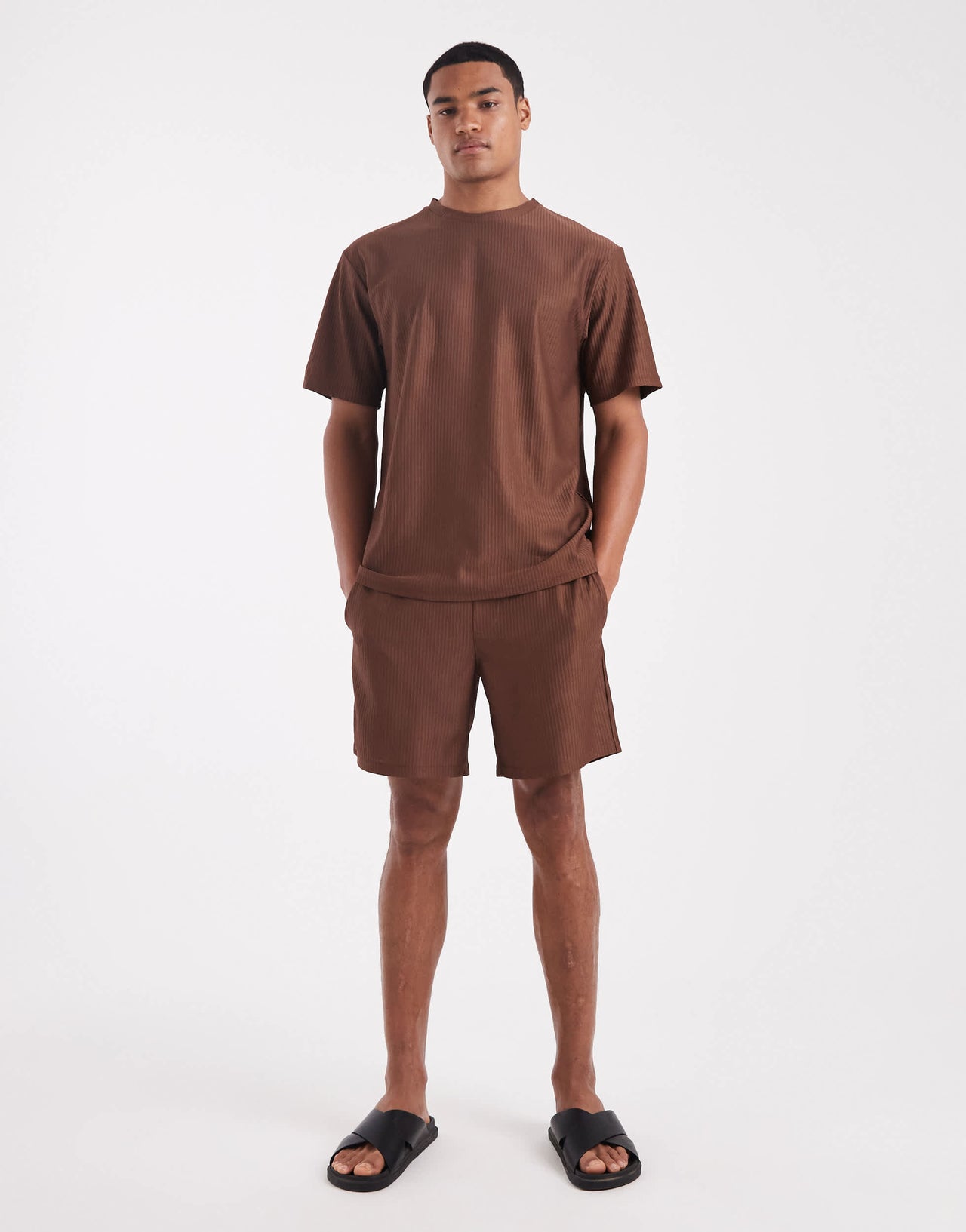 ONLY & SONS plisse pull on short co-ord in brown