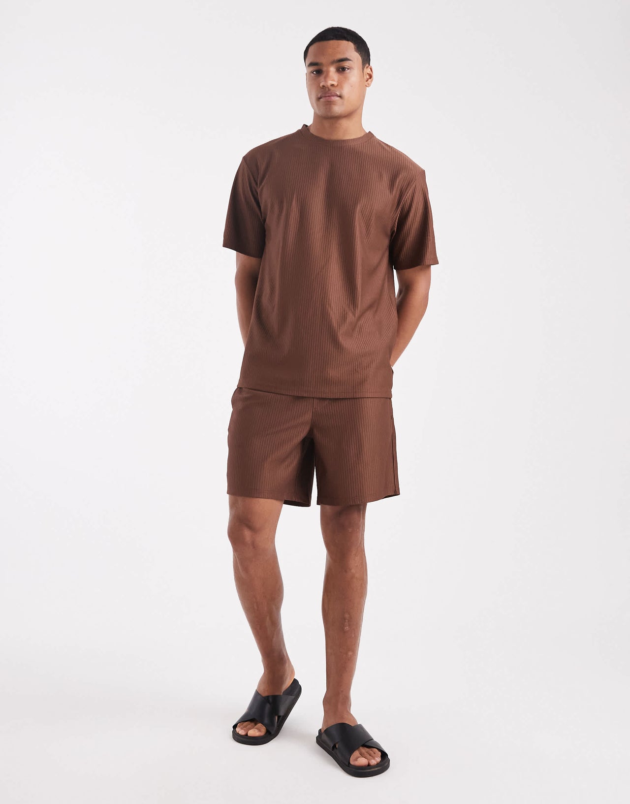 ONLY & SONS plisse oversized t-shirt co-ord in brown