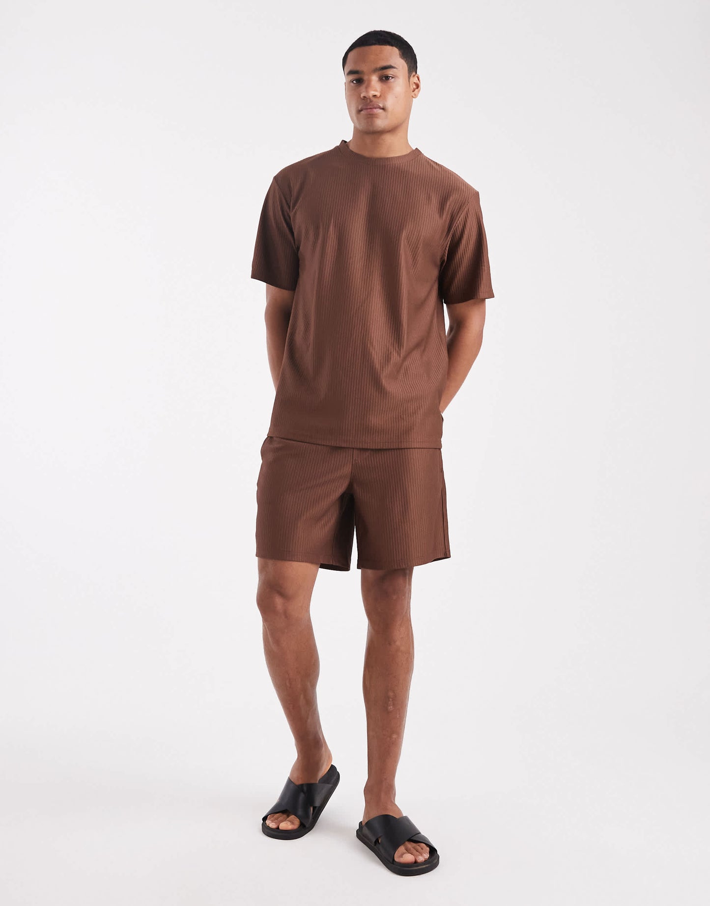 ONLY & SONS plisse oversized t-shirt co-ord in brown