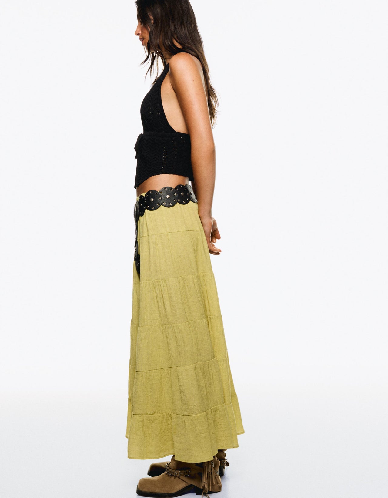 Bershka cheesecloth tierred maxi skirt in pistachio