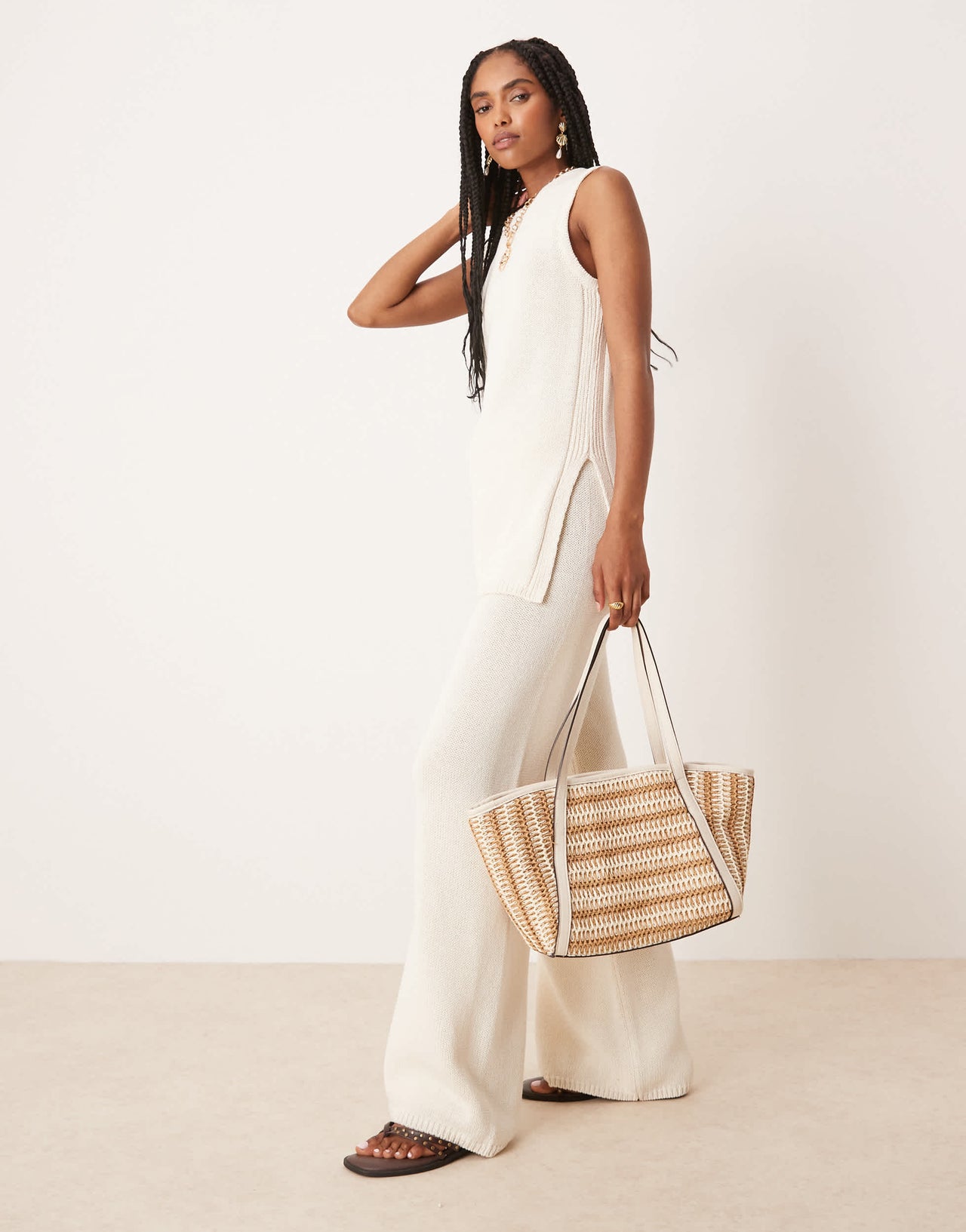 ASOS DESIGN co-ord heavyweight clean knit wide leg trousers in stone