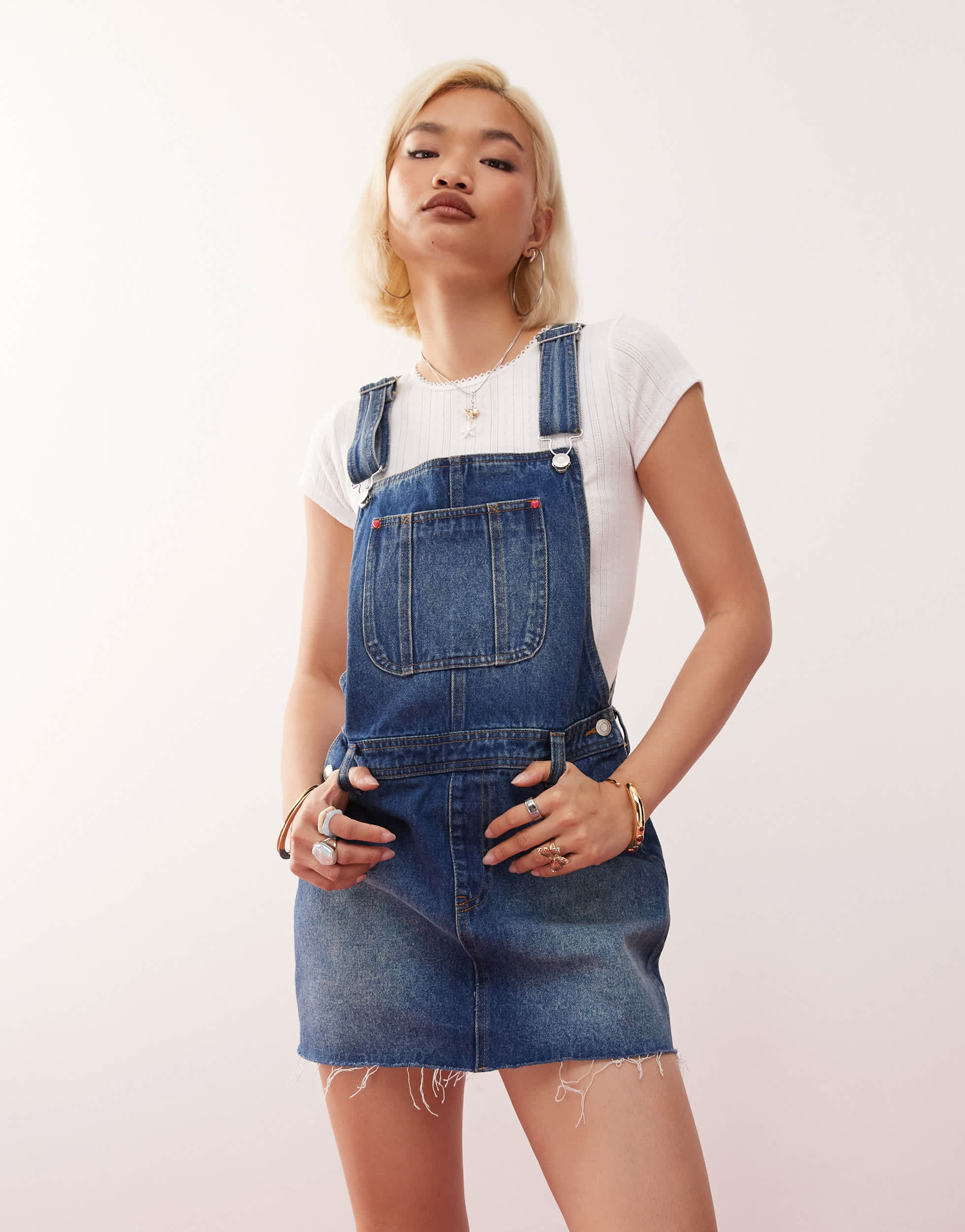 Monki denim dunagree mini dress in blue wash