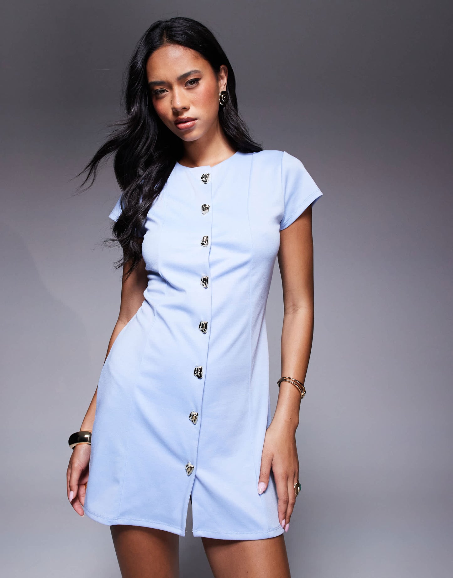 ASOS DESIGN short sleeve seam button detail mini dress in baby blue