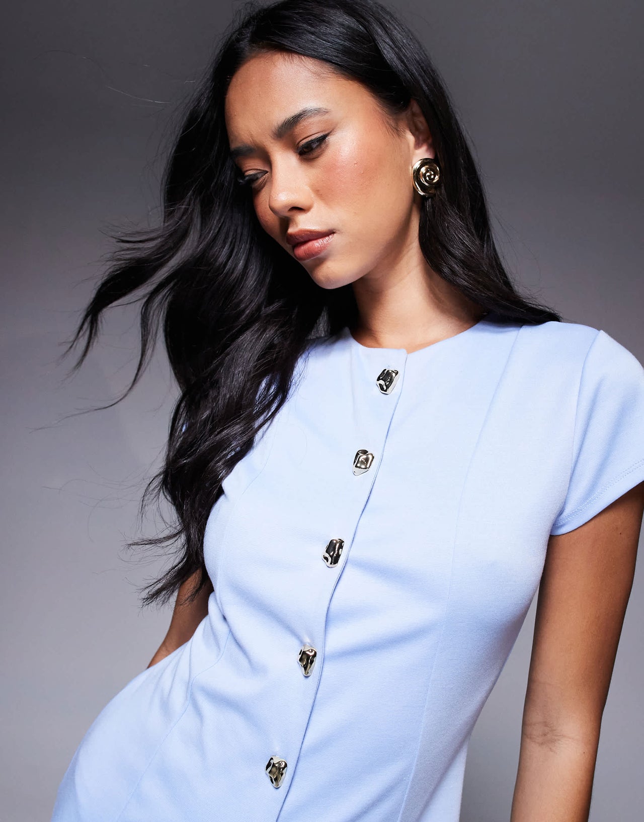 ASOS DESIGN short sleeve seam button detail mini dress in baby blue