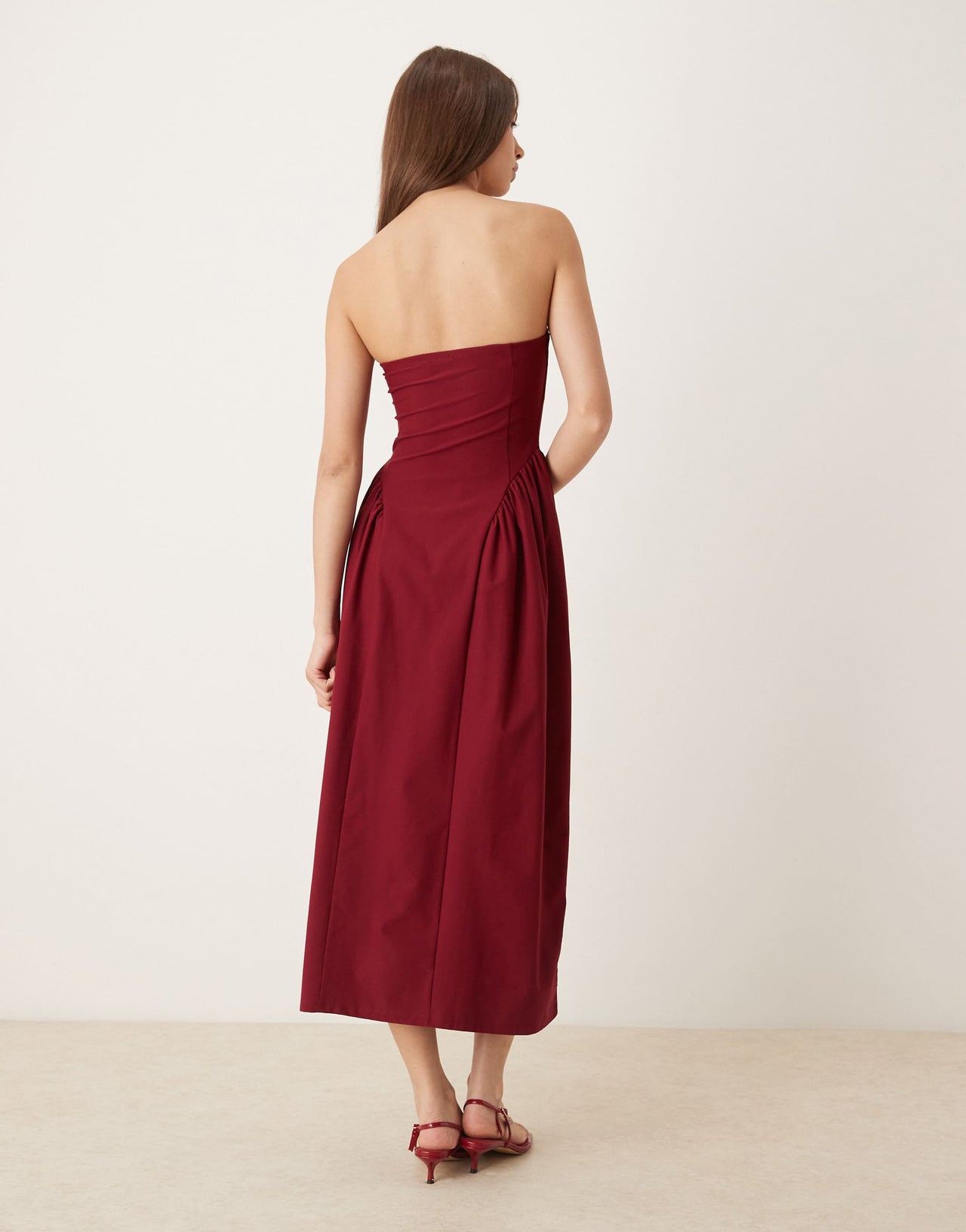 ASOS DESIGN bandeau waisted detail midi dress in wine